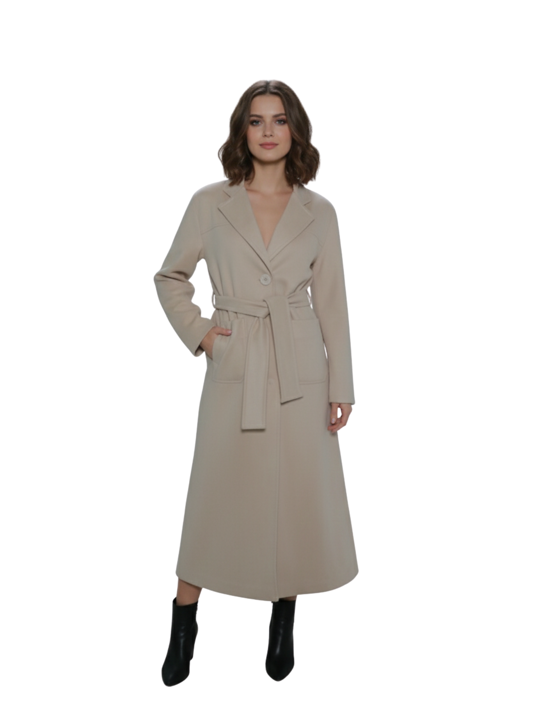 Beige Long Chamois Coat With Side Pockets