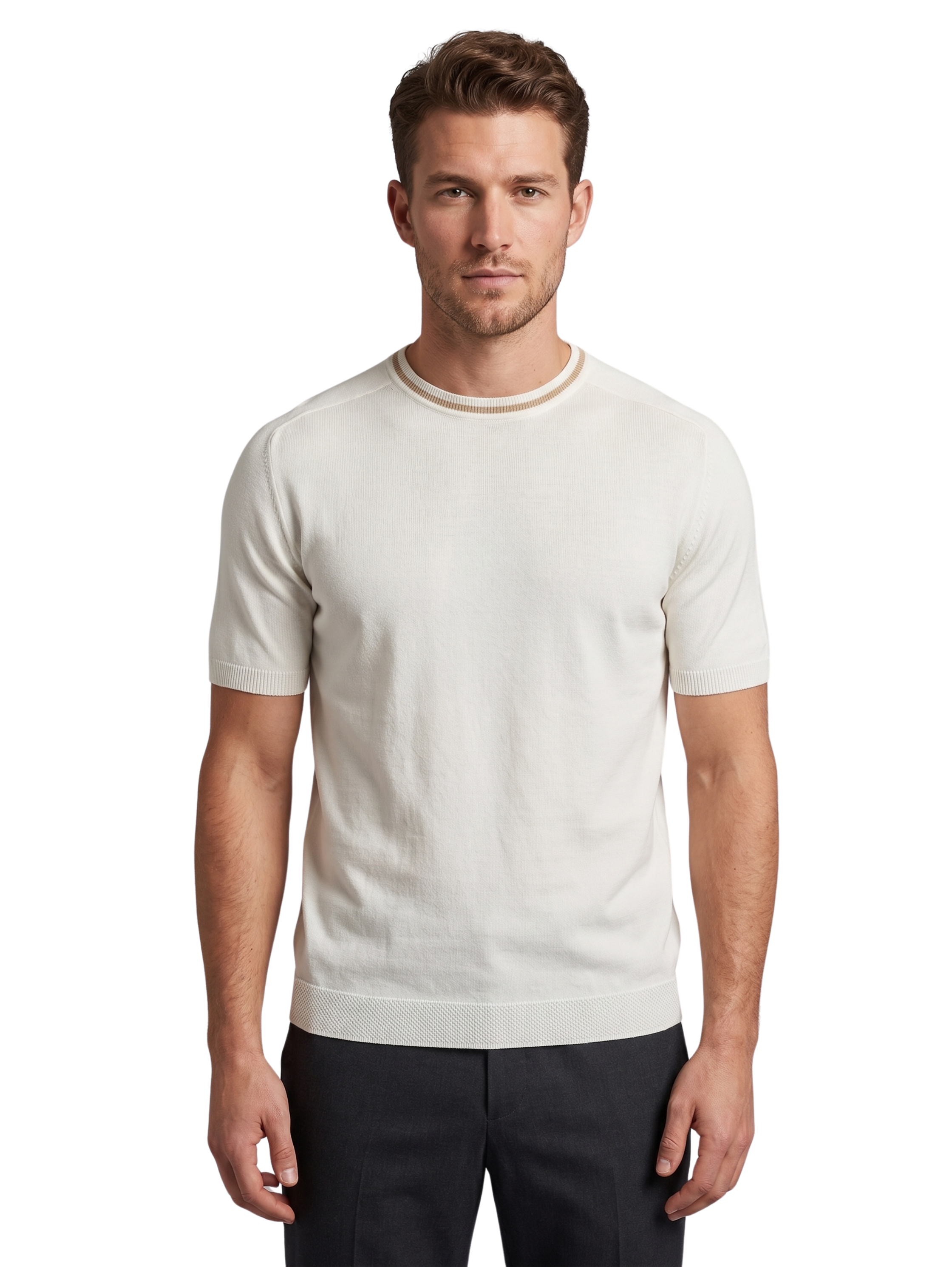 White T-Shirt With Striped Neckline
