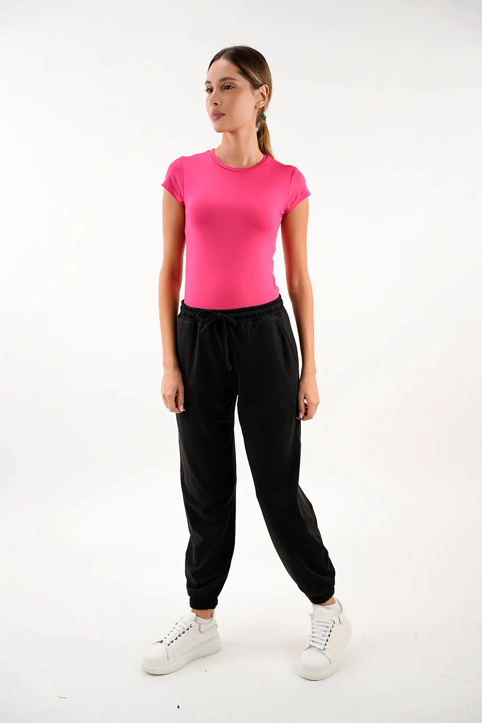 Crew Neck Basic Short Sleeved Fushia