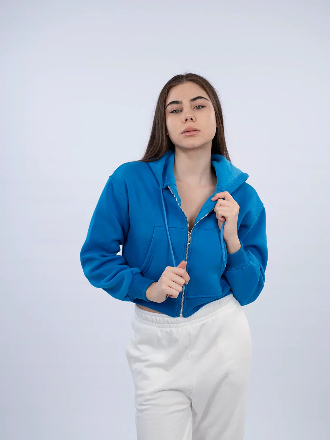 Zippered Blue Crop Hooded Jacket