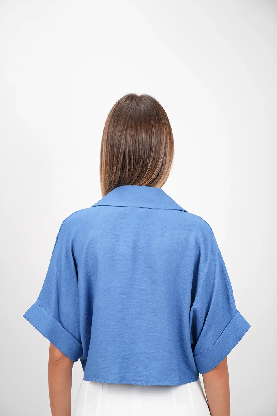 Dark Blue Crop Shirt With Tie Waist