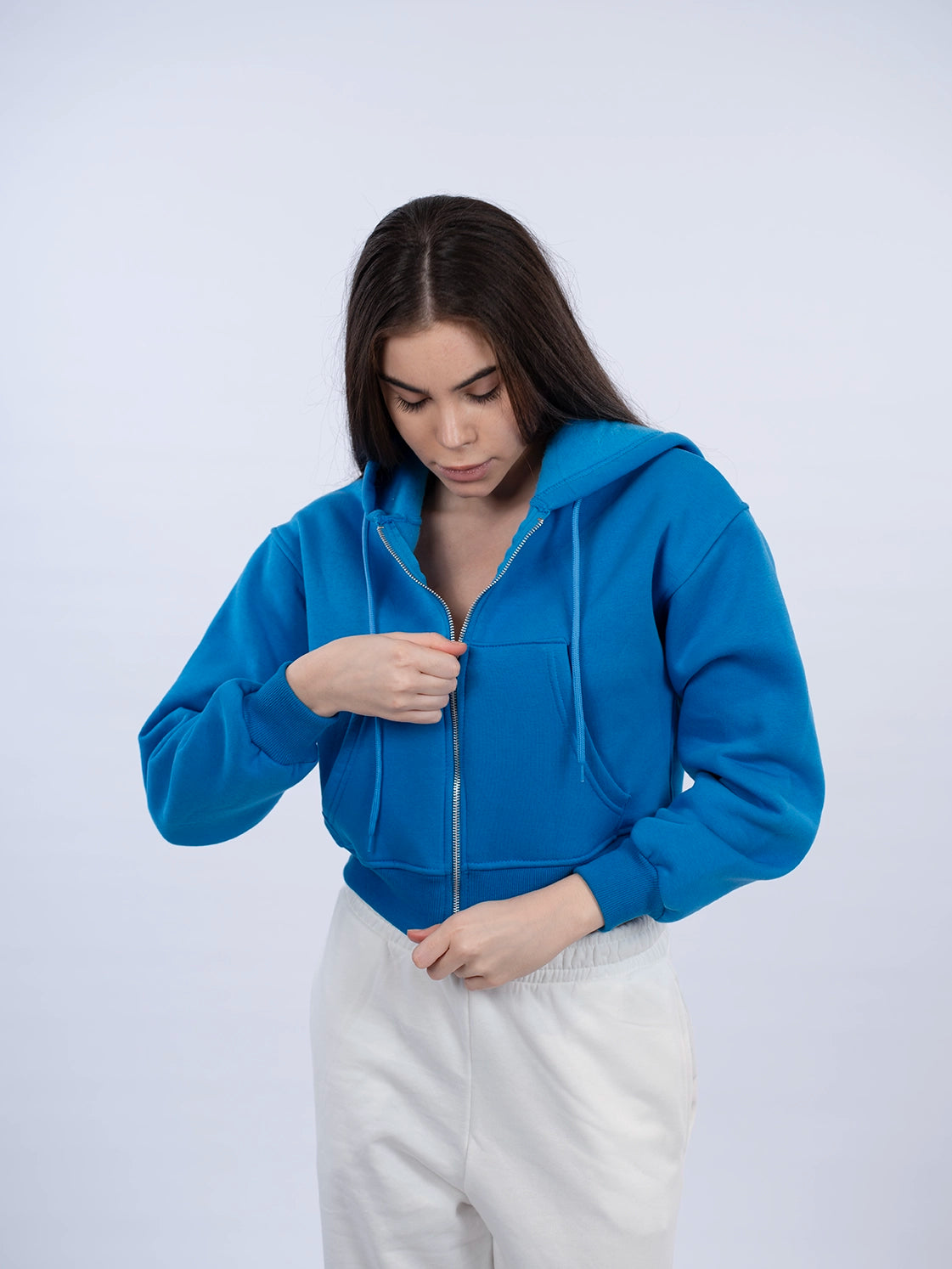 Zippered Blue Crop Hoodie