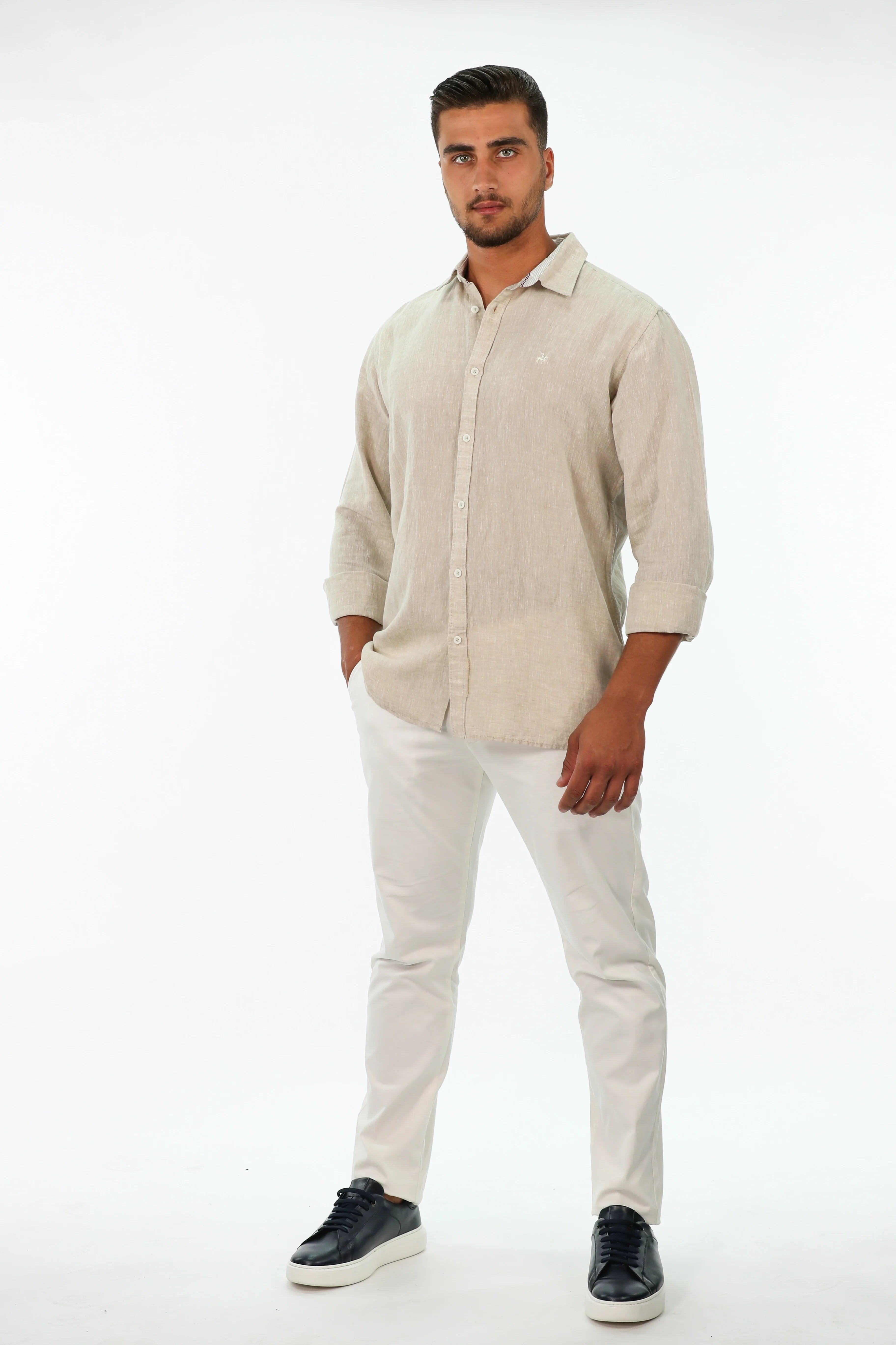 Long Sleeved Beige Plain Linen Shirt