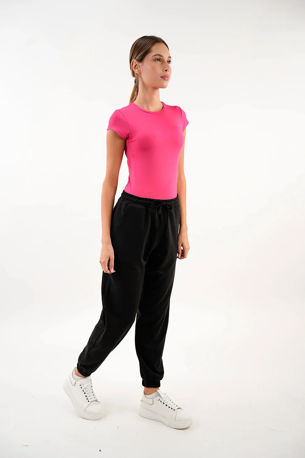 Crew Neck Basic Short Sleeved Fushia