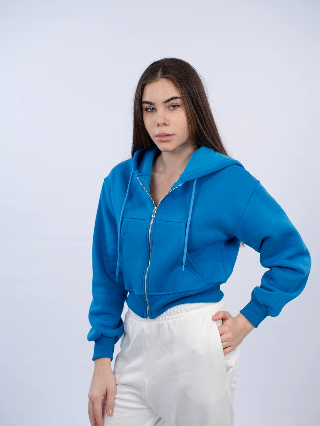 Zippered Blue Crop Hoodie