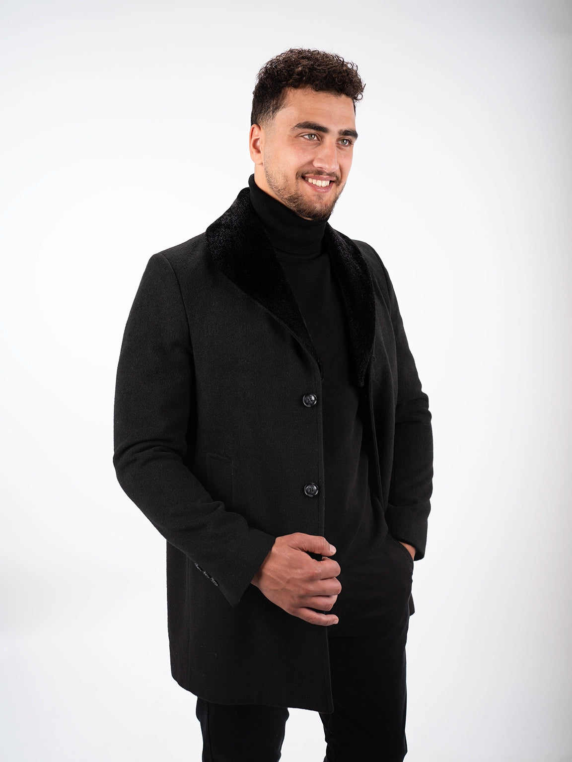 Classic Black Coat With Fure Collar