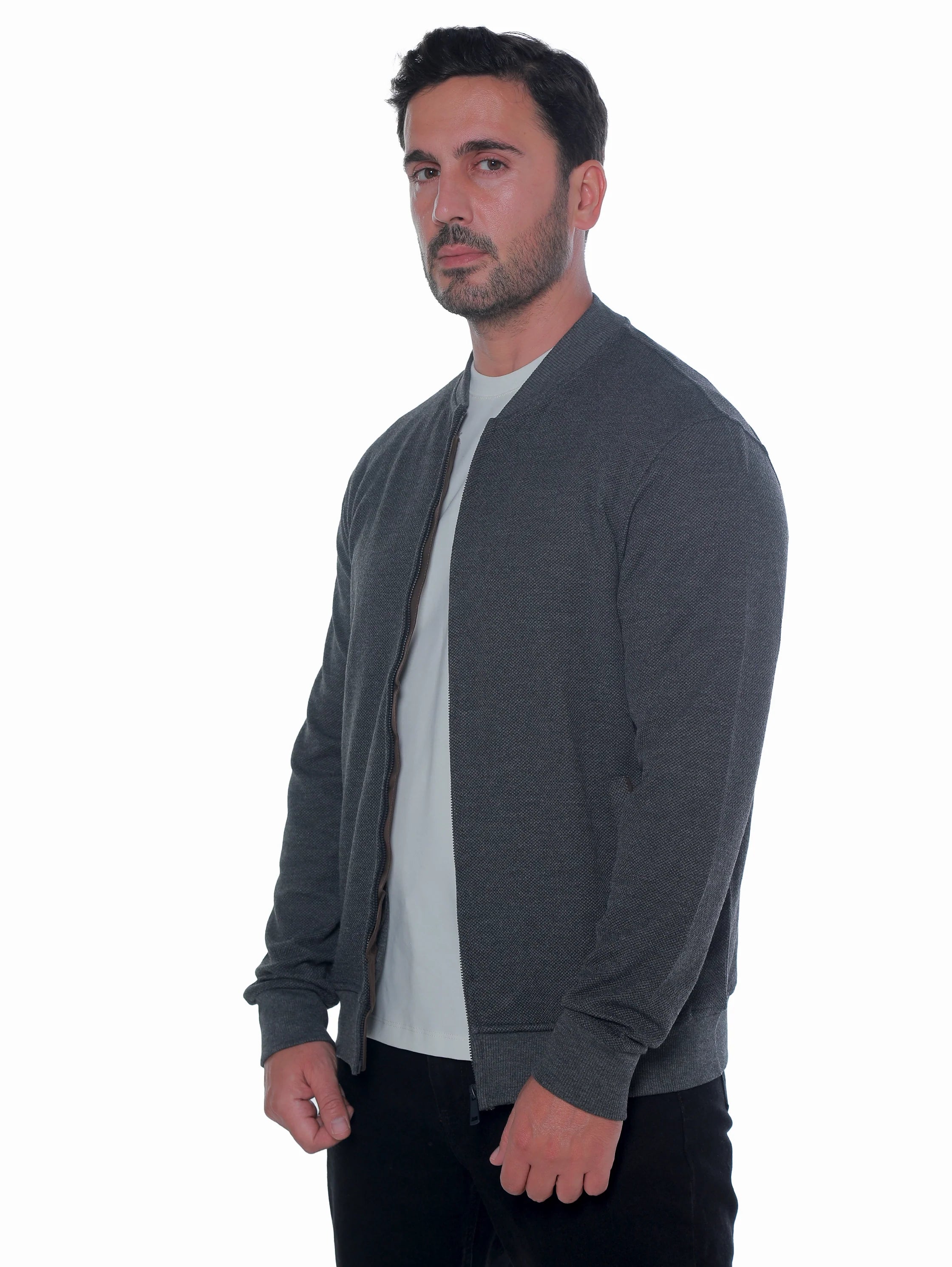 Zippered Grey Jacket With Side Slanted Pockets