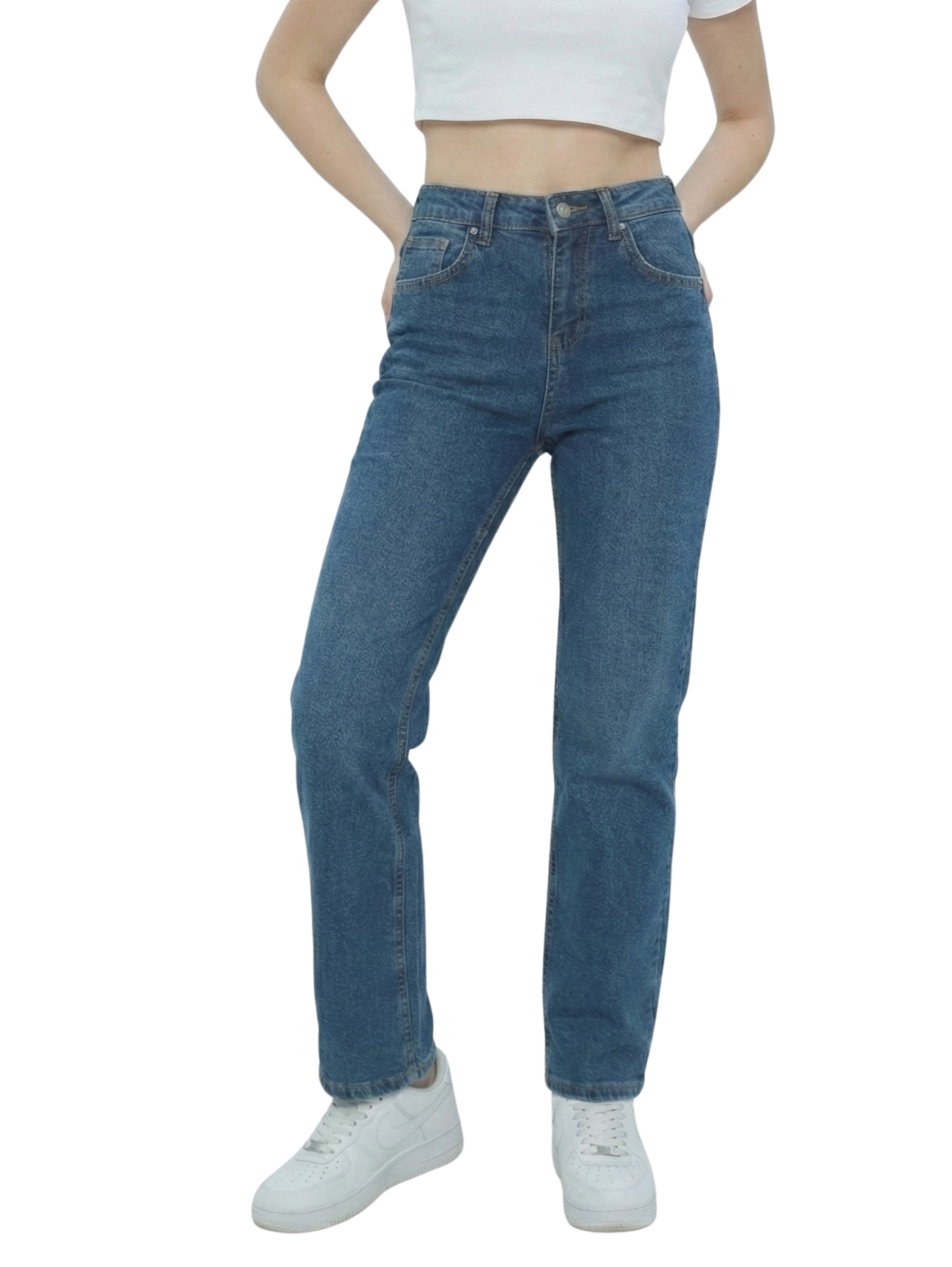 Dark Blue Mom Fit Jeans With Five Pockets Style