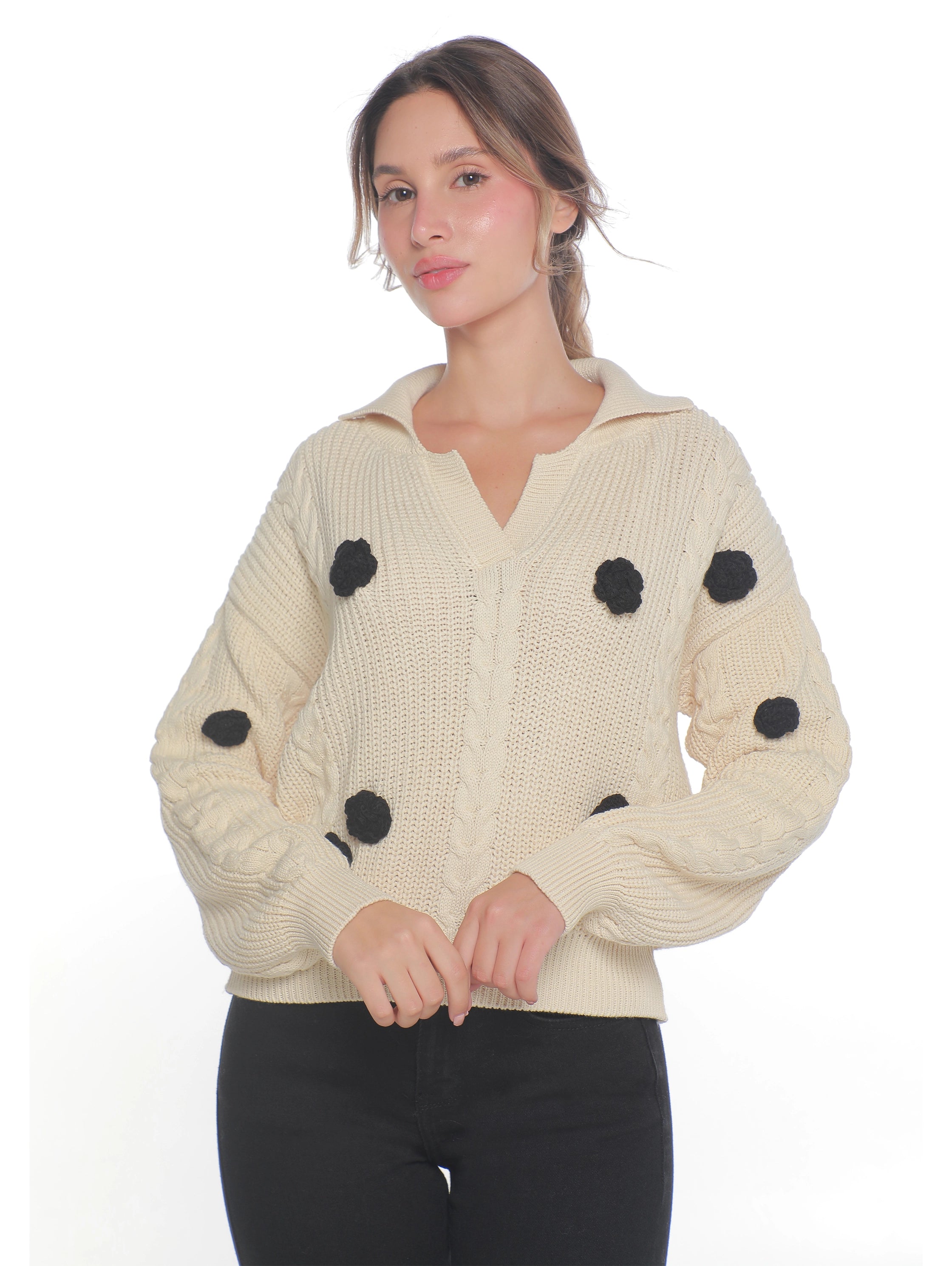Beige Long Sleeved Pullover With Embroidery Flower Design