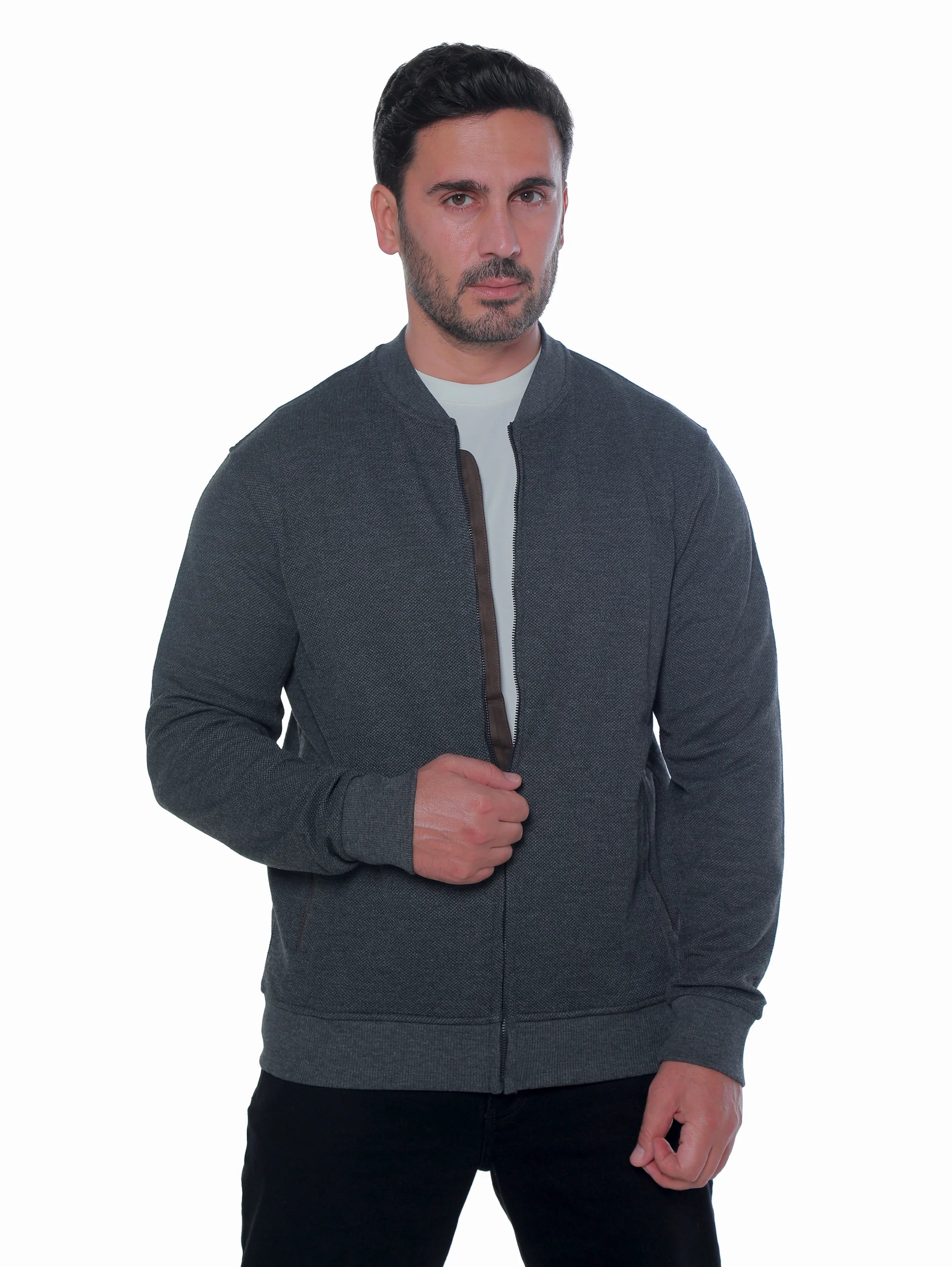Zippered Grey Jacket With Side Slanted Pockets
