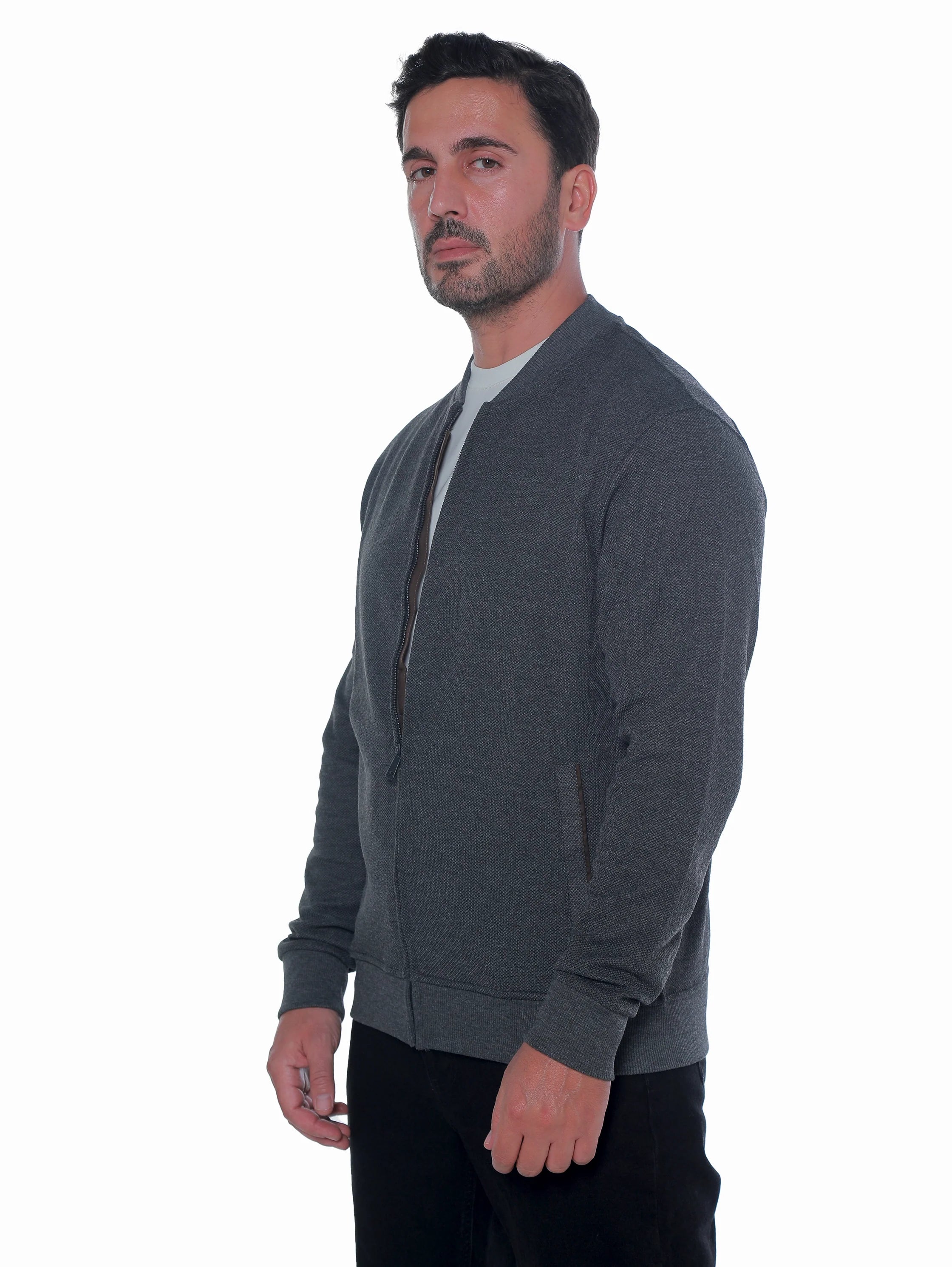 Zippered Grey Jacket With Side Slanted Pockets