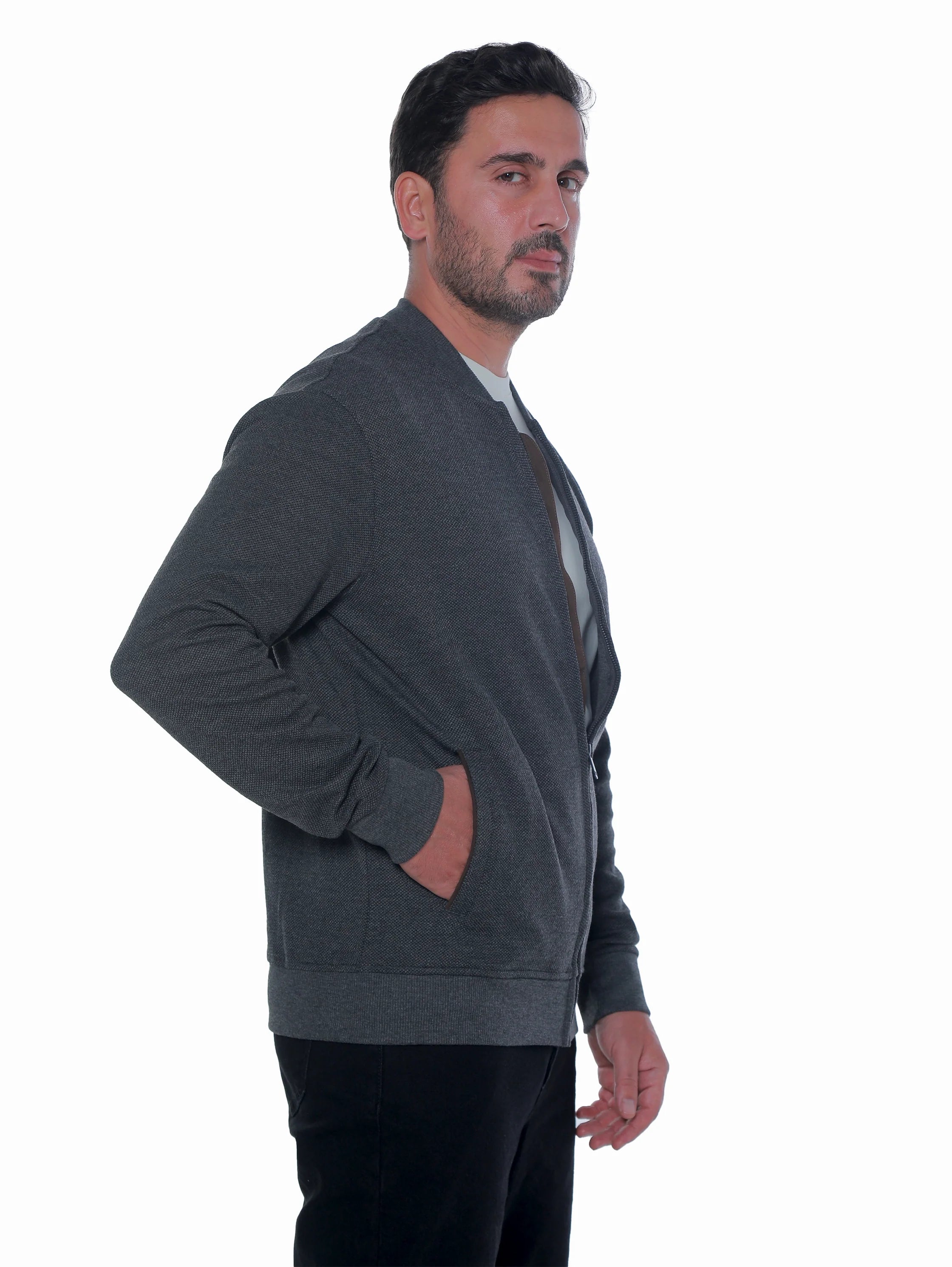 Zippered Grey Jacket With Side Slanted Pockets