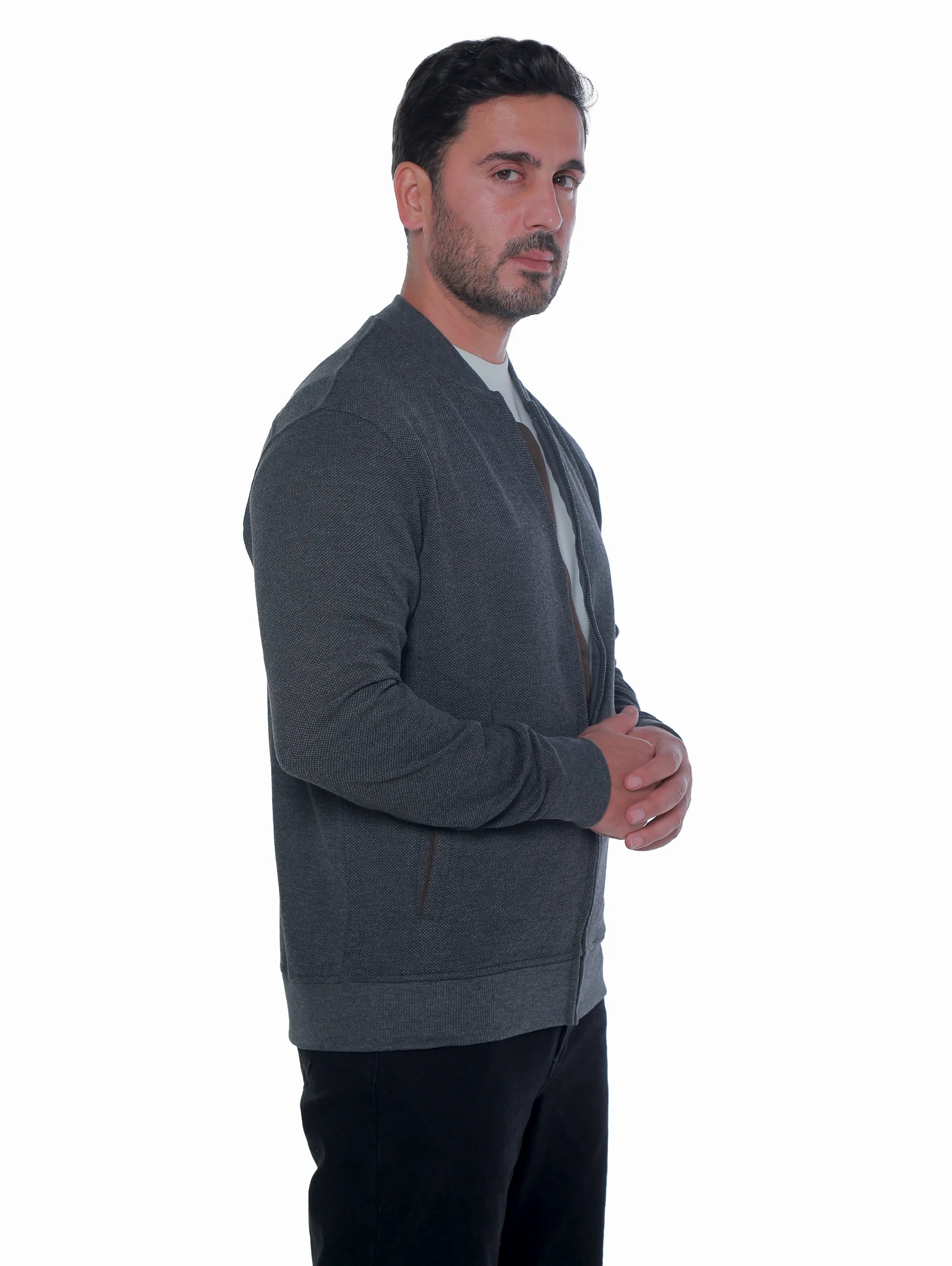 Zippered Grey Jacket With Side Slanted Pockets