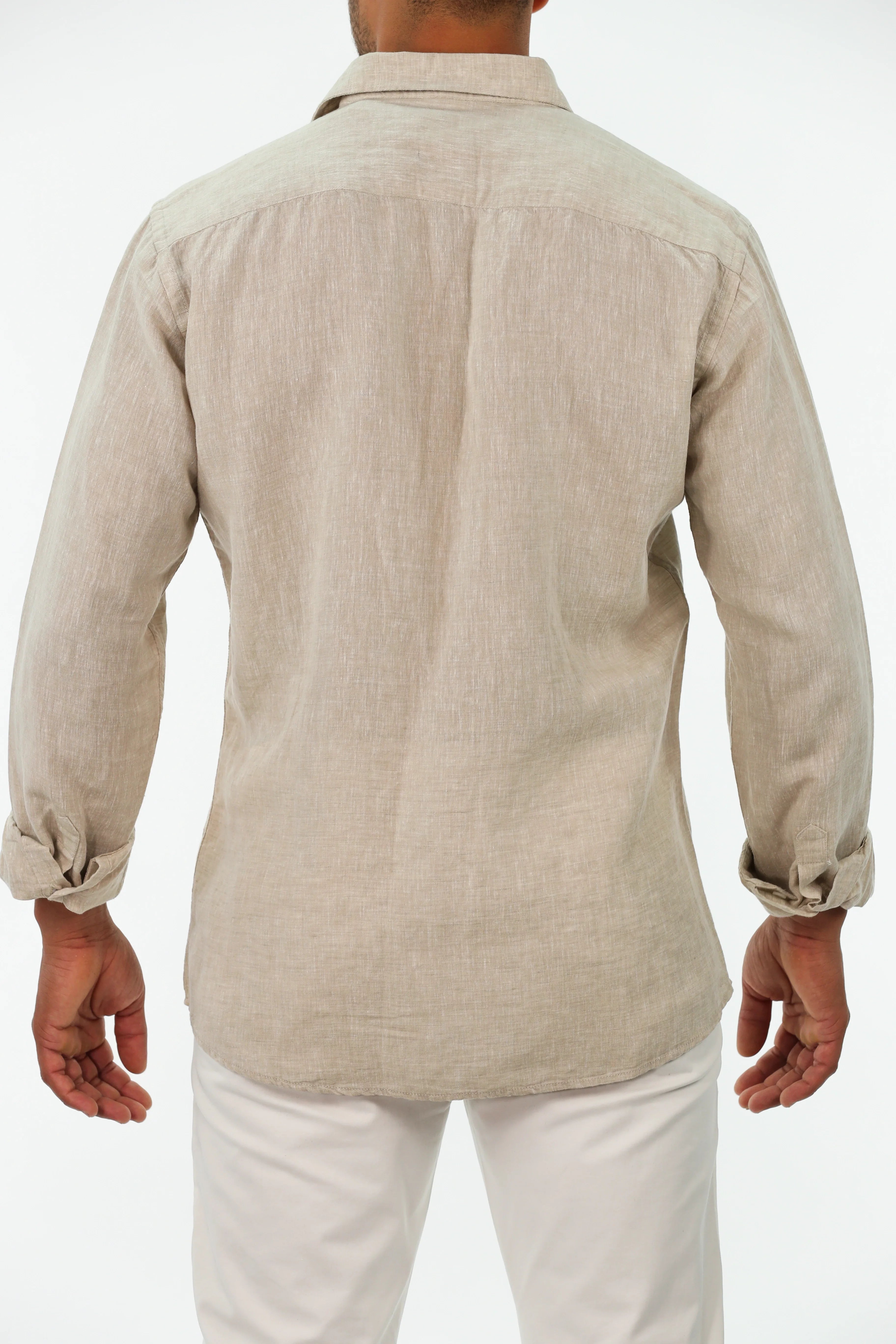 Long Sleeved Beige Plain Linen Shirt