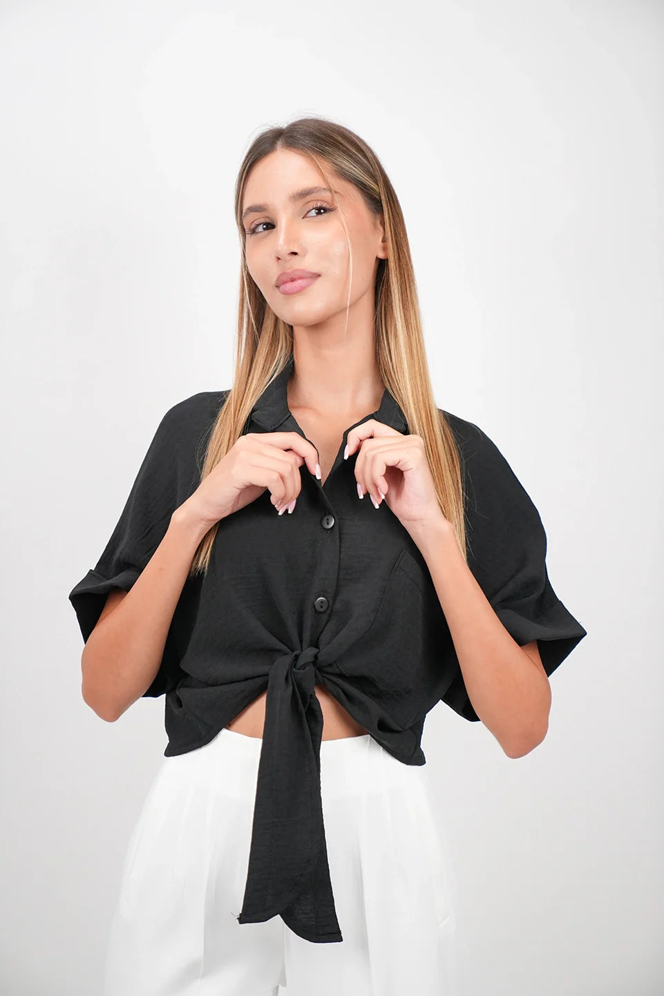 Black Crop Shirt With Tie Waist