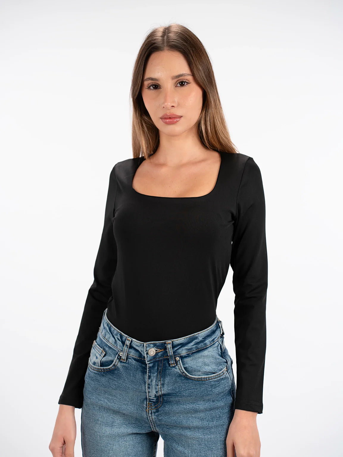 Long Sleeved Black Open Neck Basic