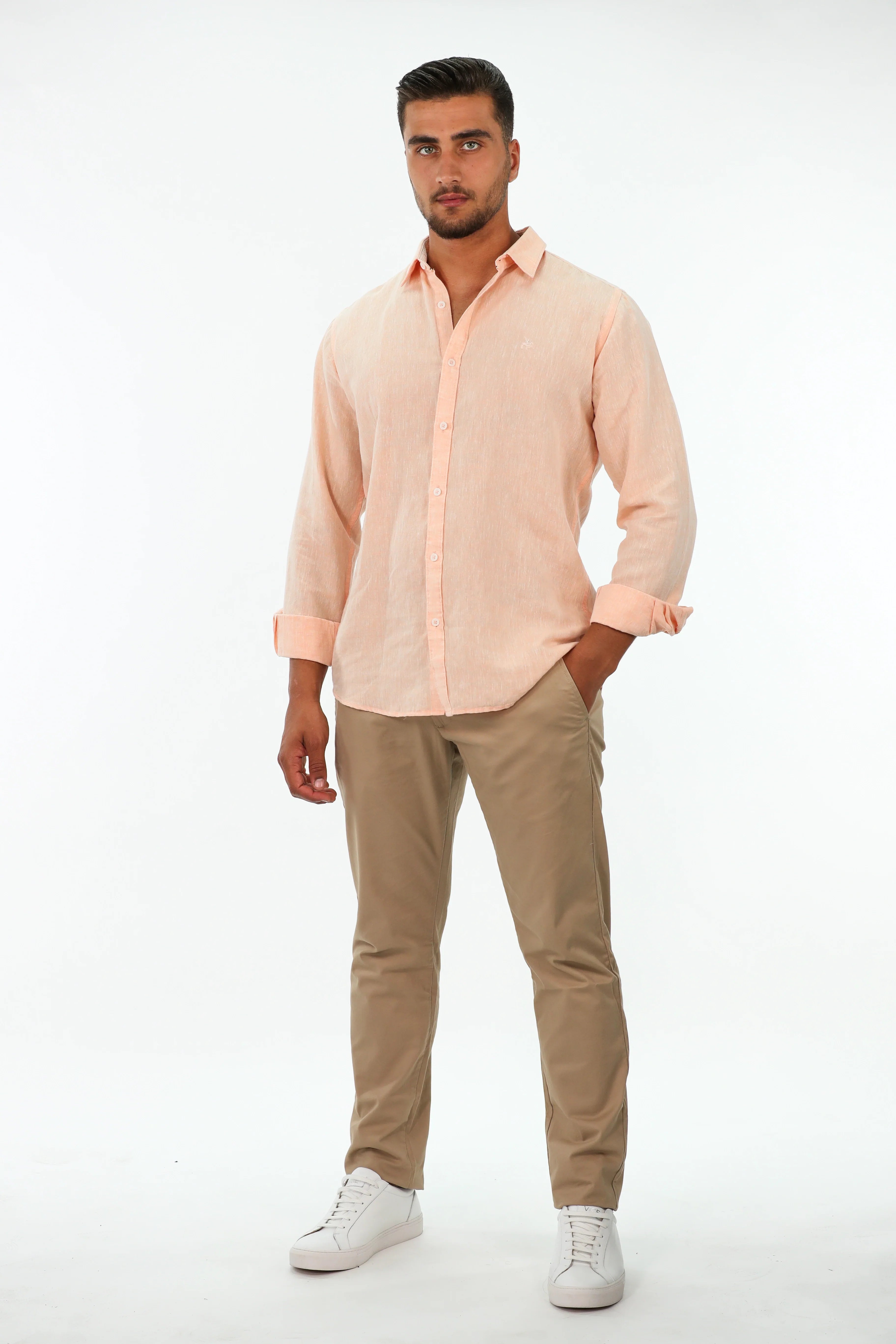 Long Sleeved Orange Plain Linen Shirt