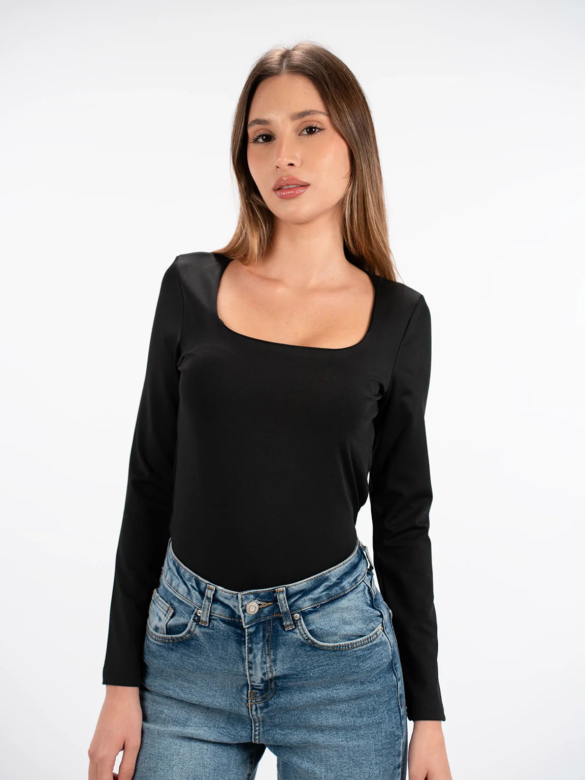 Long Sleeved Black Open Neck Basic