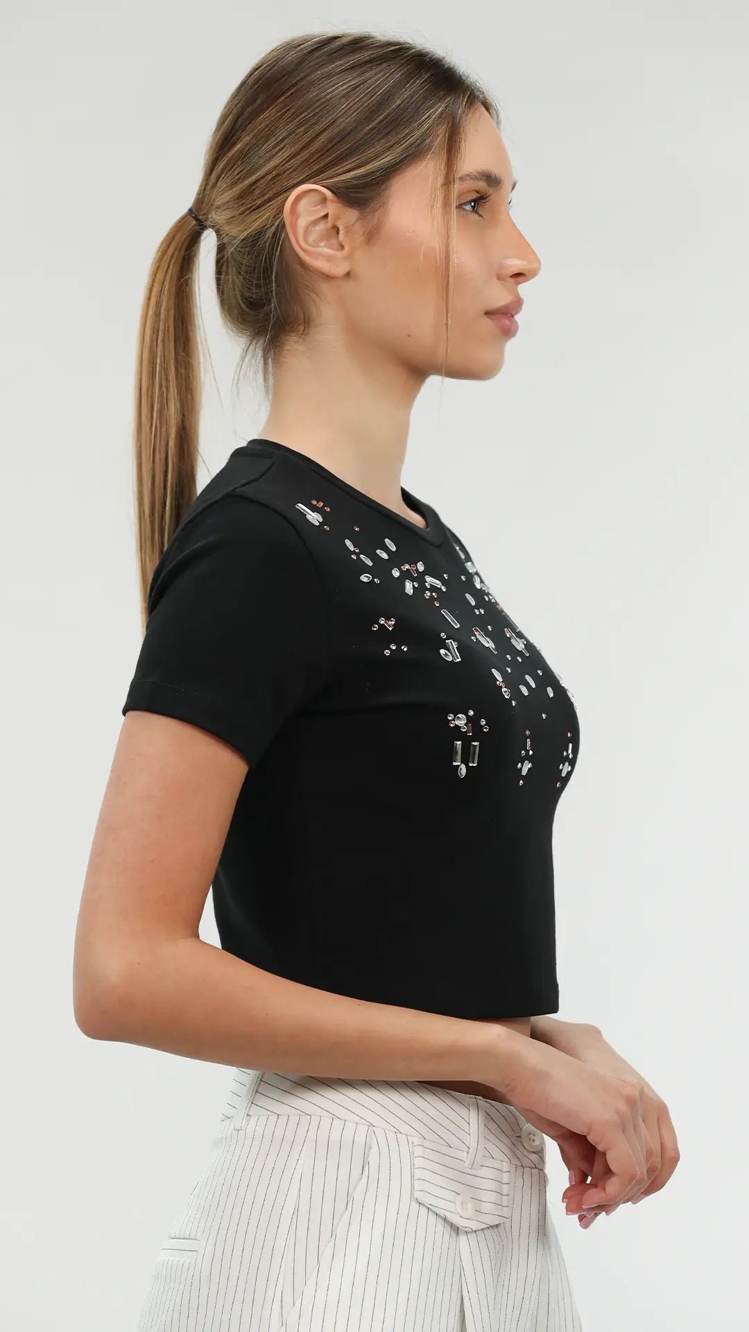 Black Ribbed Crop Top With Design