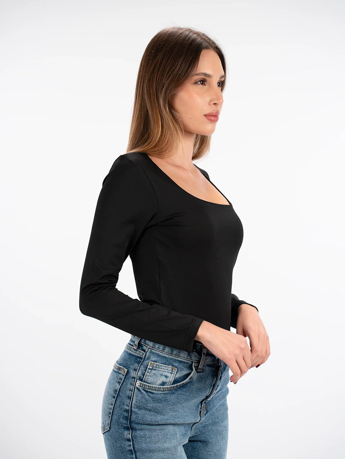 Long Sleeved Black Open Neck Basic