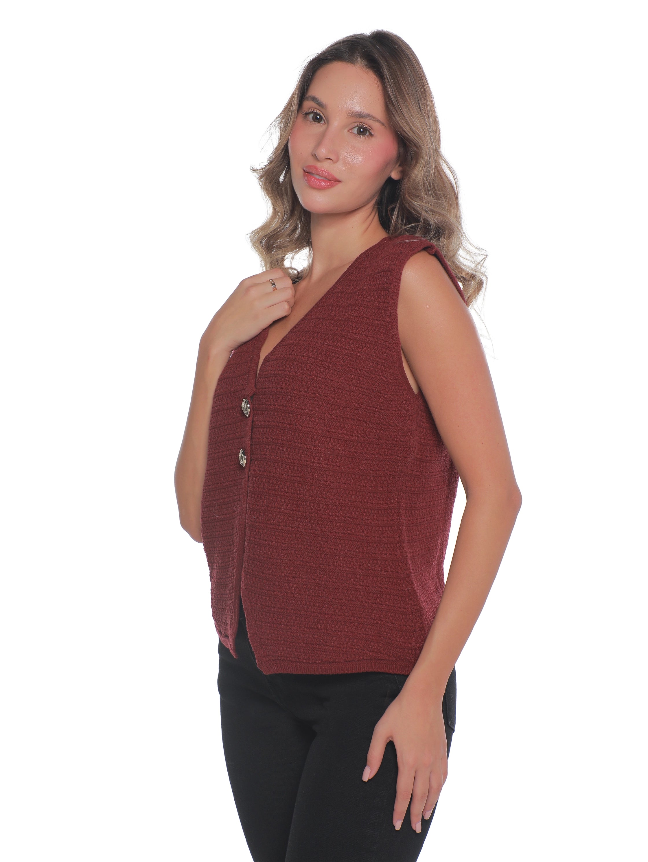 Embroidery Bordo Vest With Two Button To Close