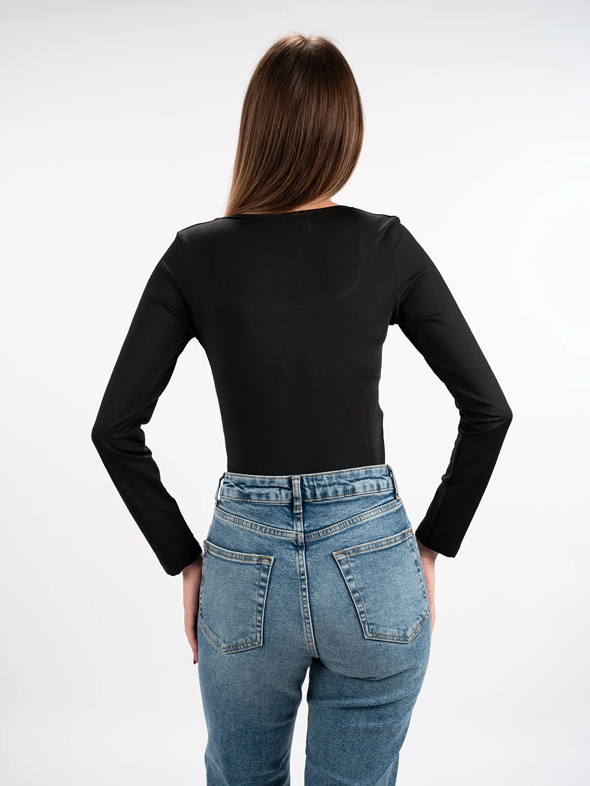 Long Sleeved Black Open Neck Basic