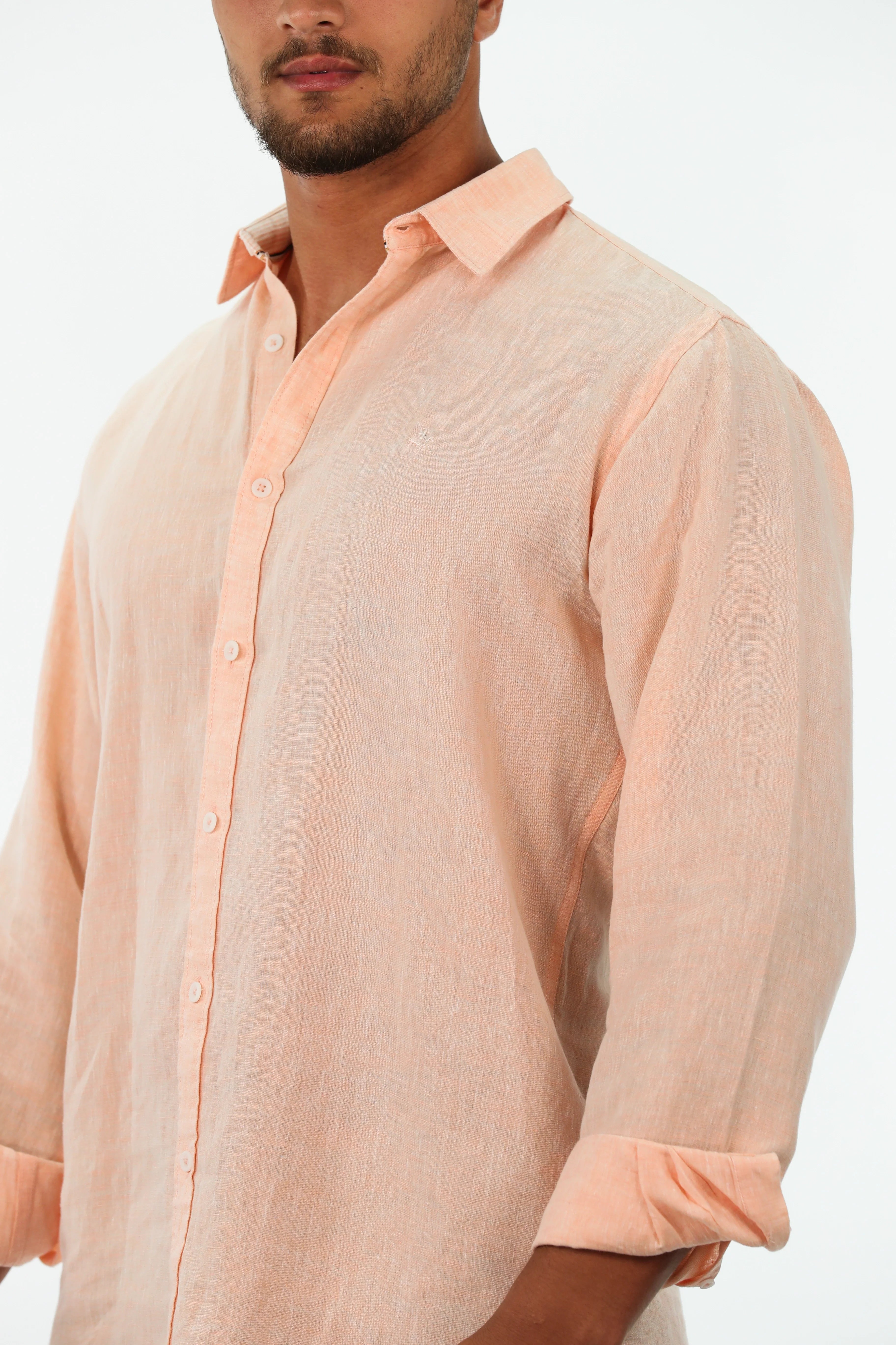 Long Sleeved Orange Plain Linen Shirt