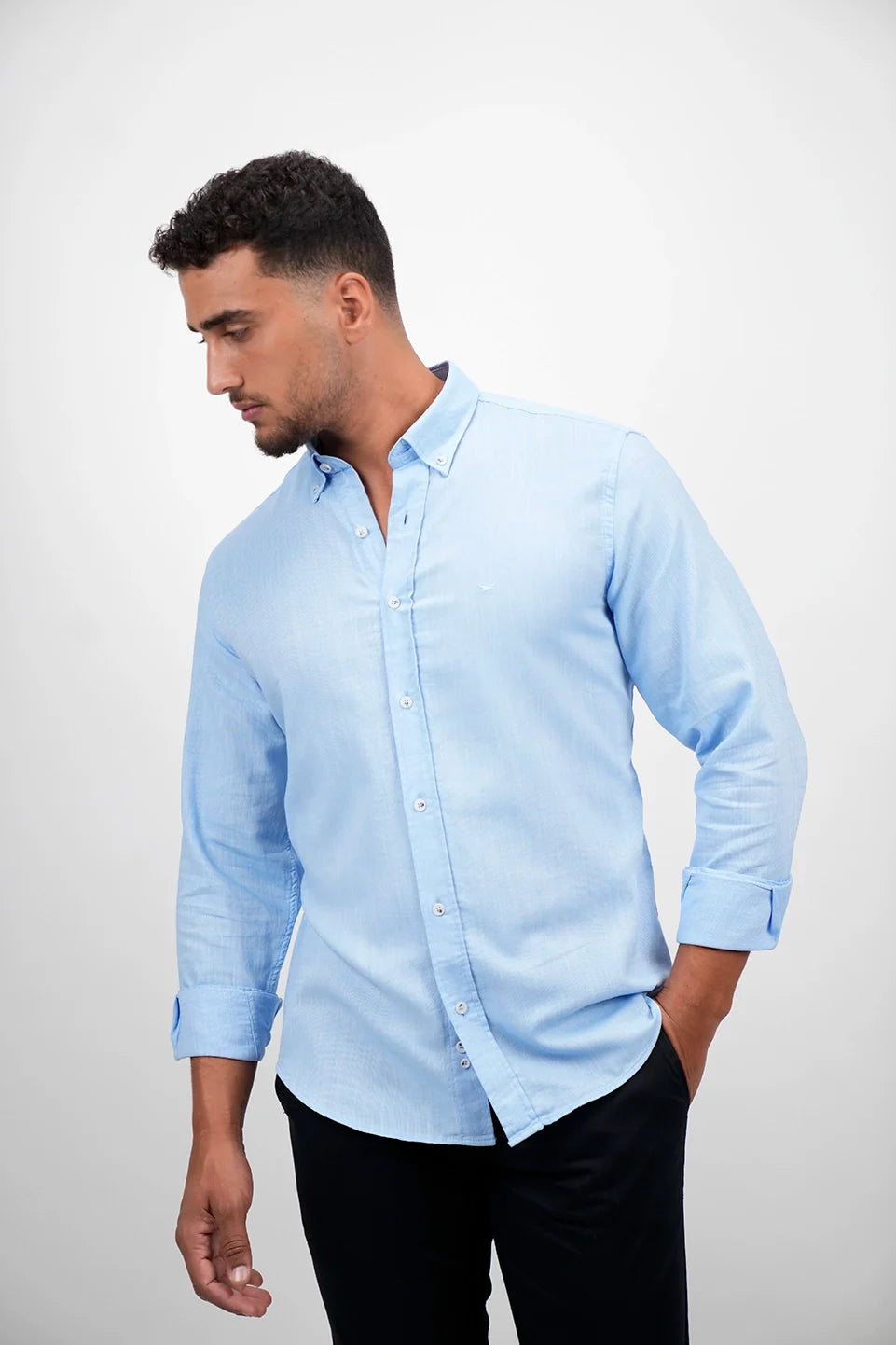 Casual Long Sleeved Blue Buttoned