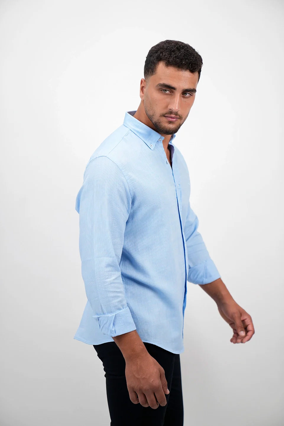 Casual Long Sleeved Blue Buttoned