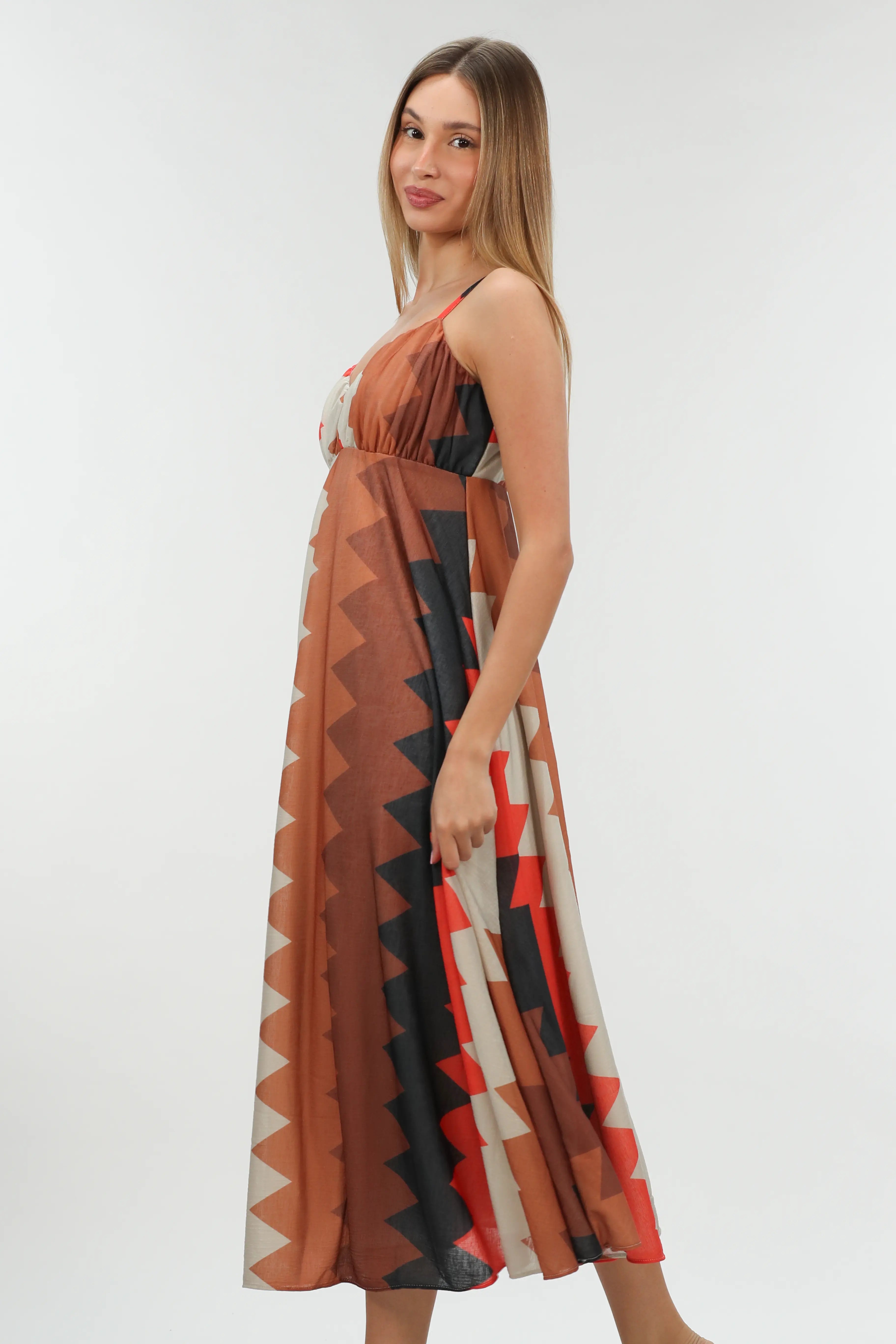 Brown Long Dress Patterned