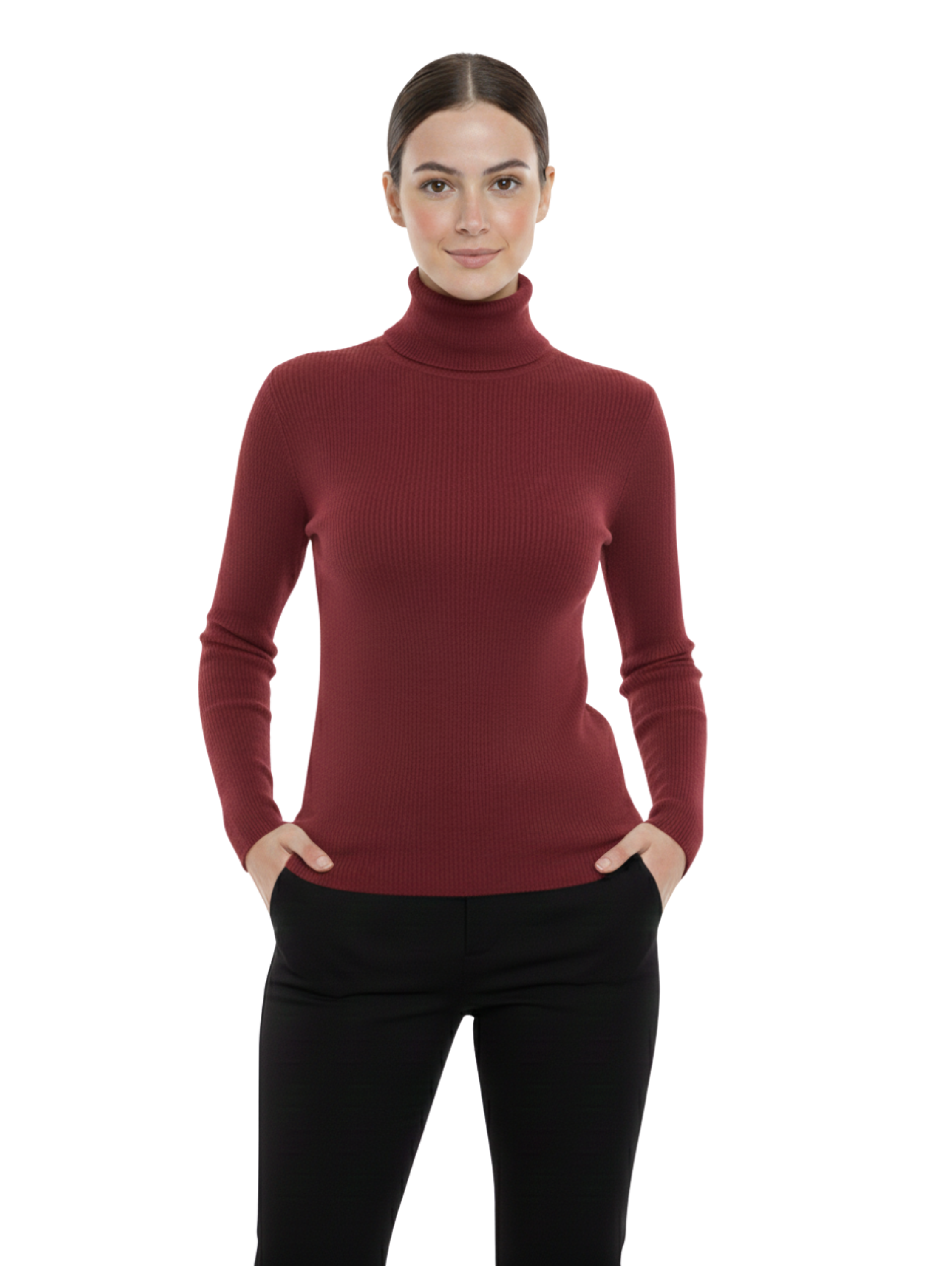 Long Sleeve High Neck Ribbed Bordo Pullover