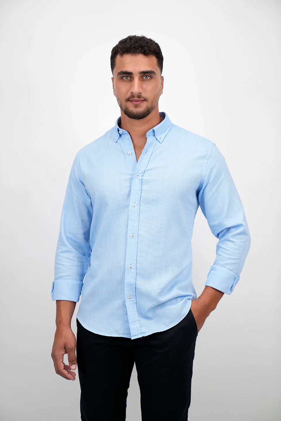 Casual Long Sleeved Blue Buttoned