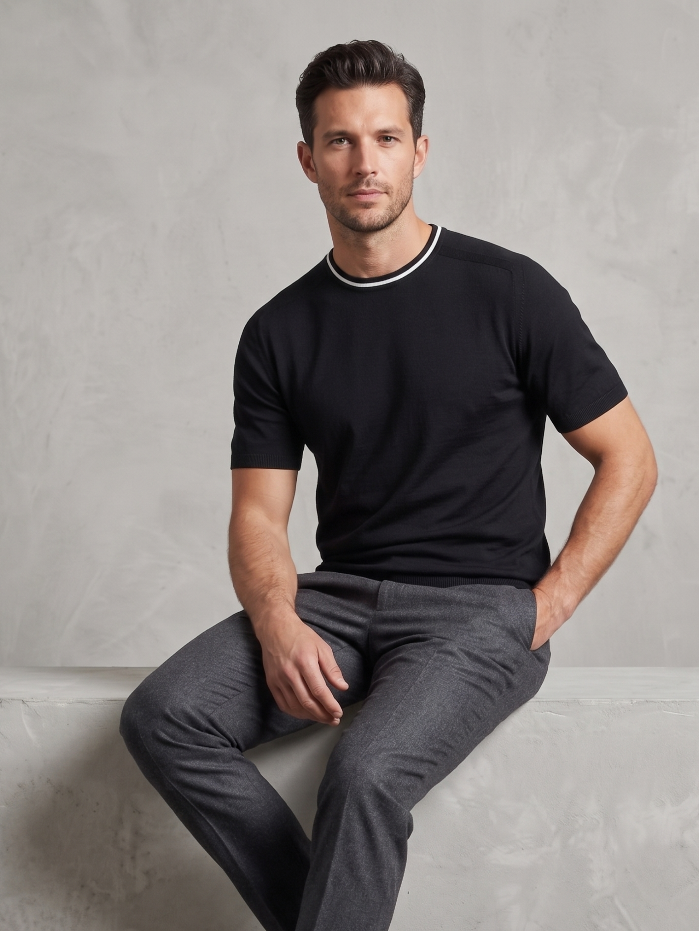 Black T-Shirt With Striped Neckline
