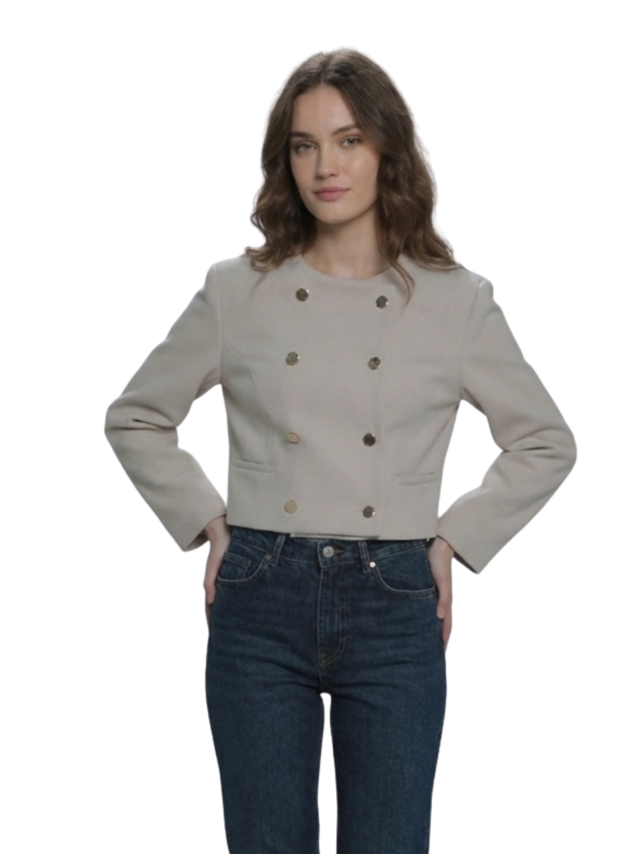 Long Sleeve Beige Jacket Double Button To Close