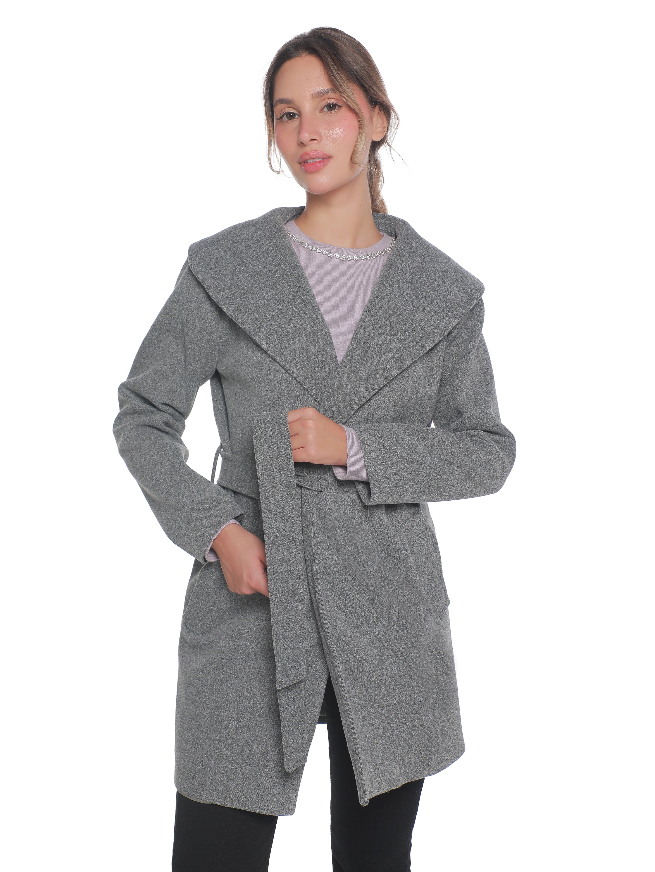 Grey Warm Belted Coat With Open Collar