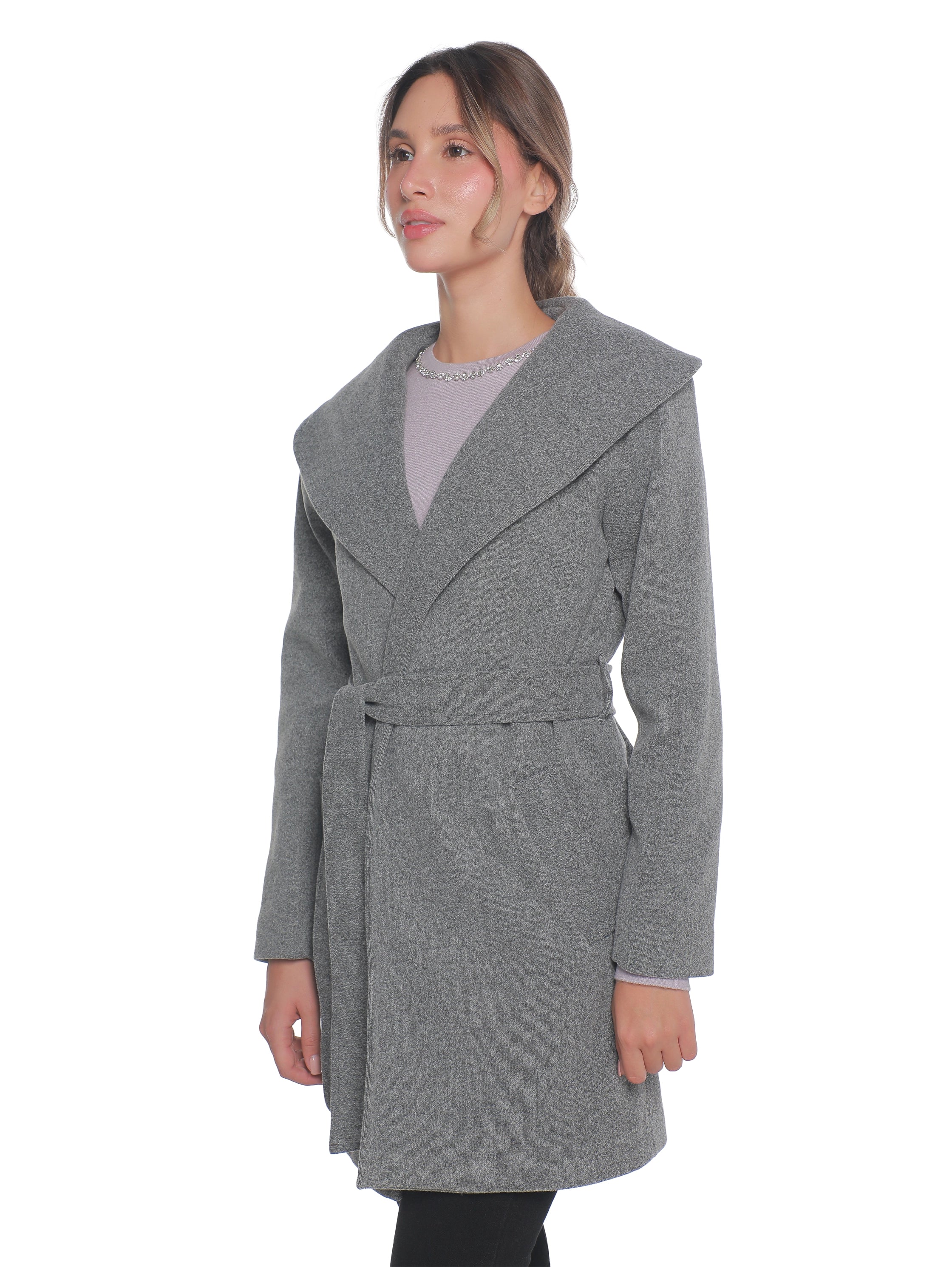 Grey Warm Belted Coat With Open Collar
