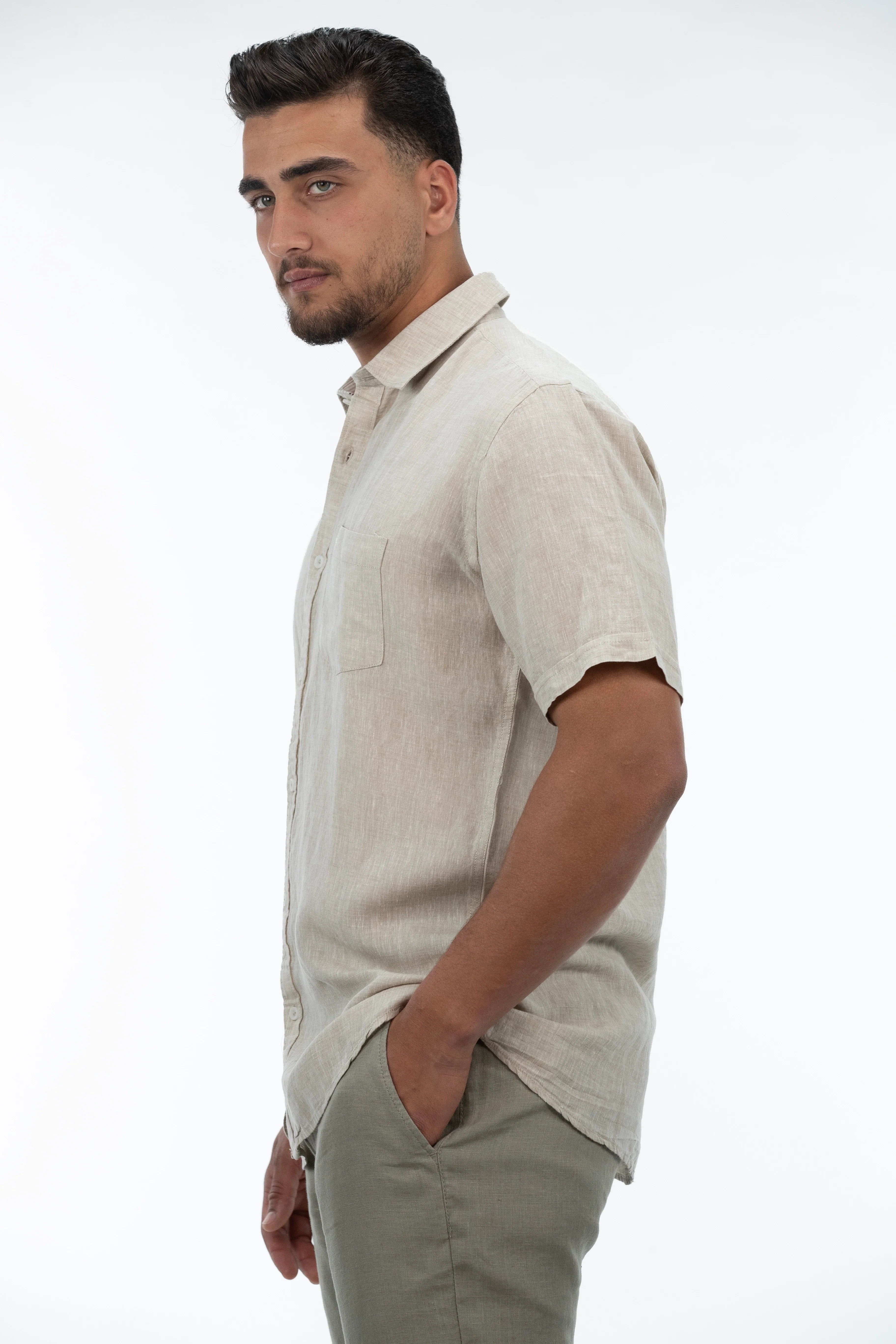 Short Sleeved Beige Linen Shirt