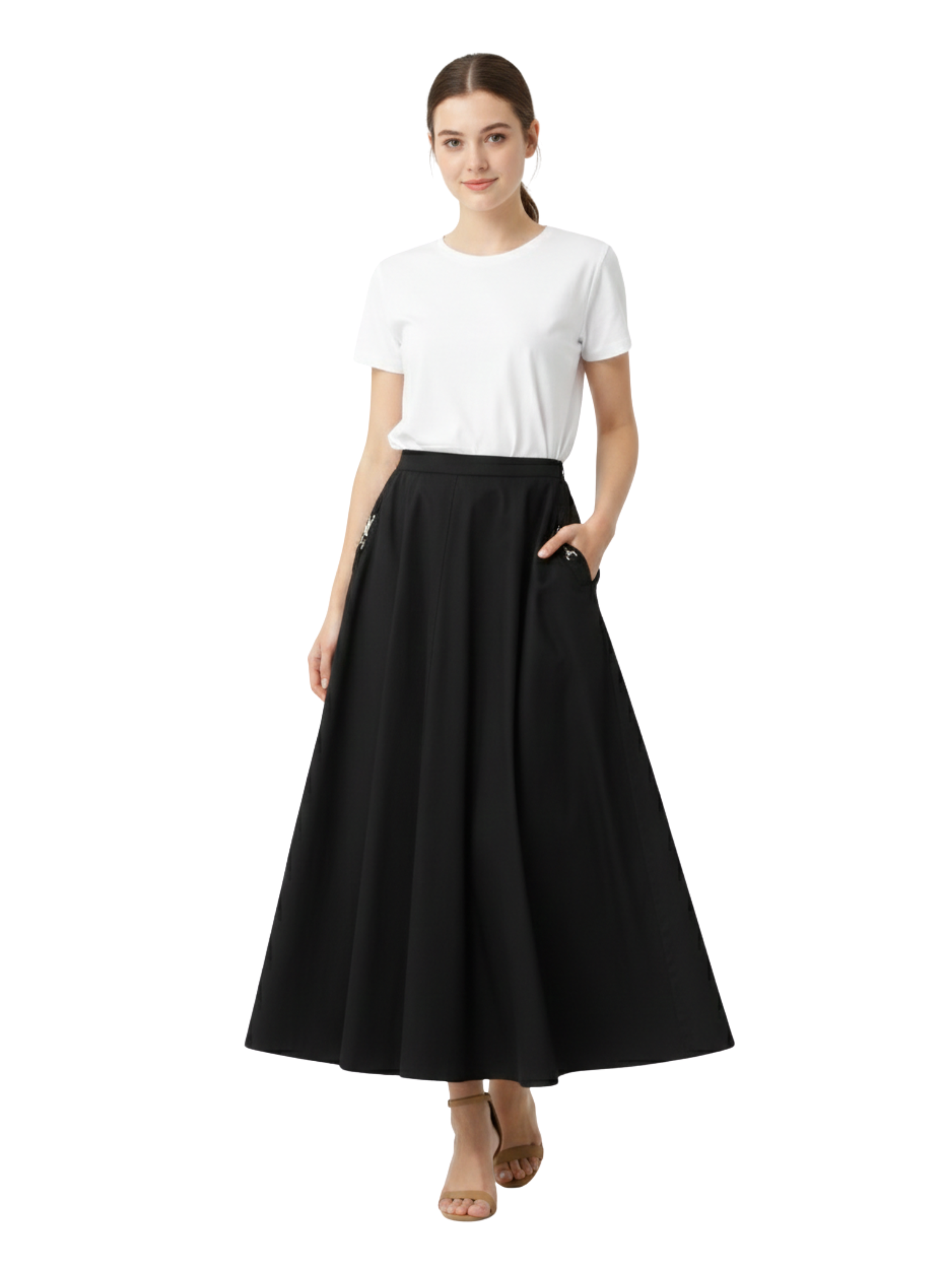 Black Maxi Midi Length Skirt With Side Pockets