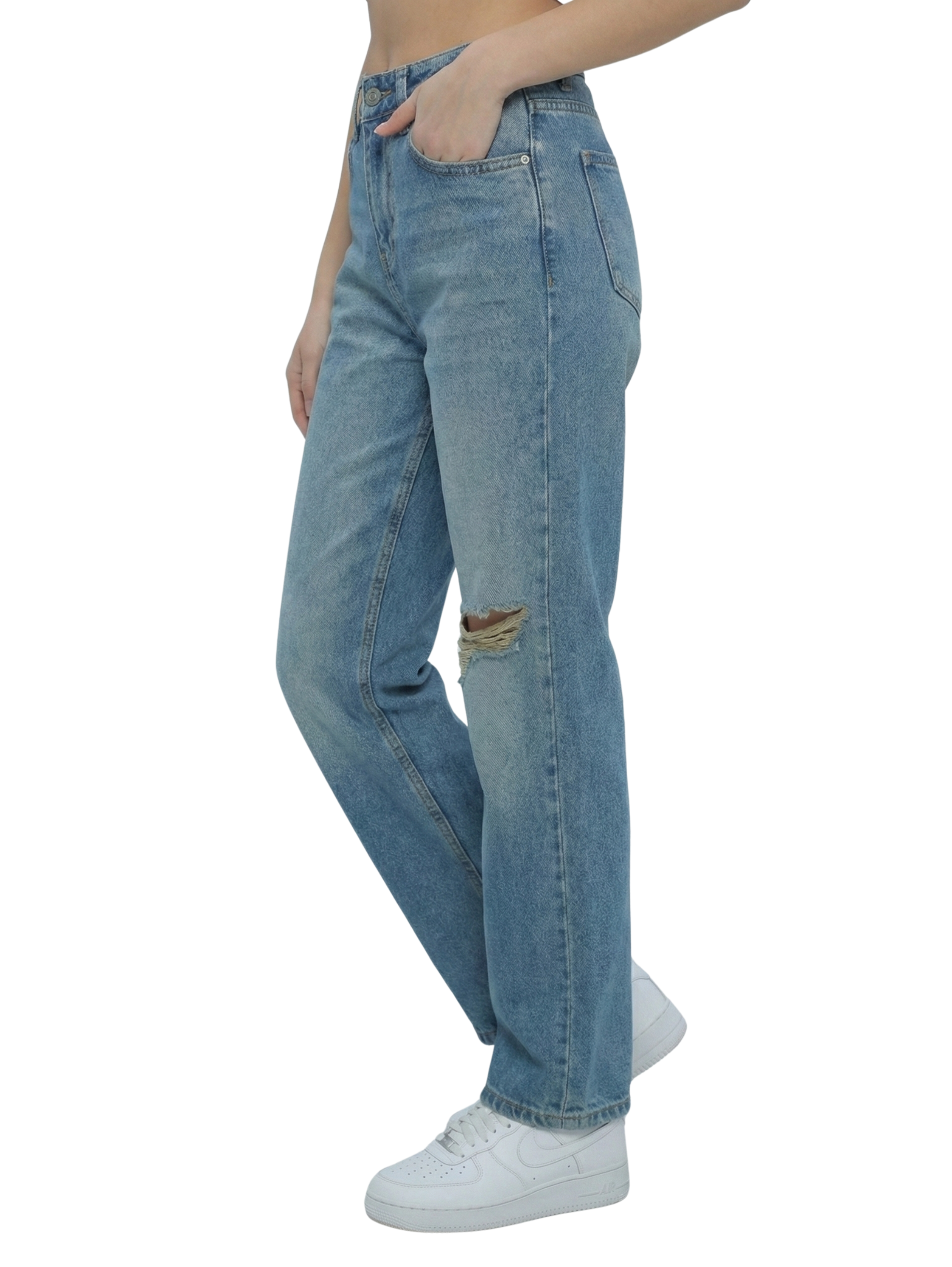 Blue High Waist Jeans With Knee Design