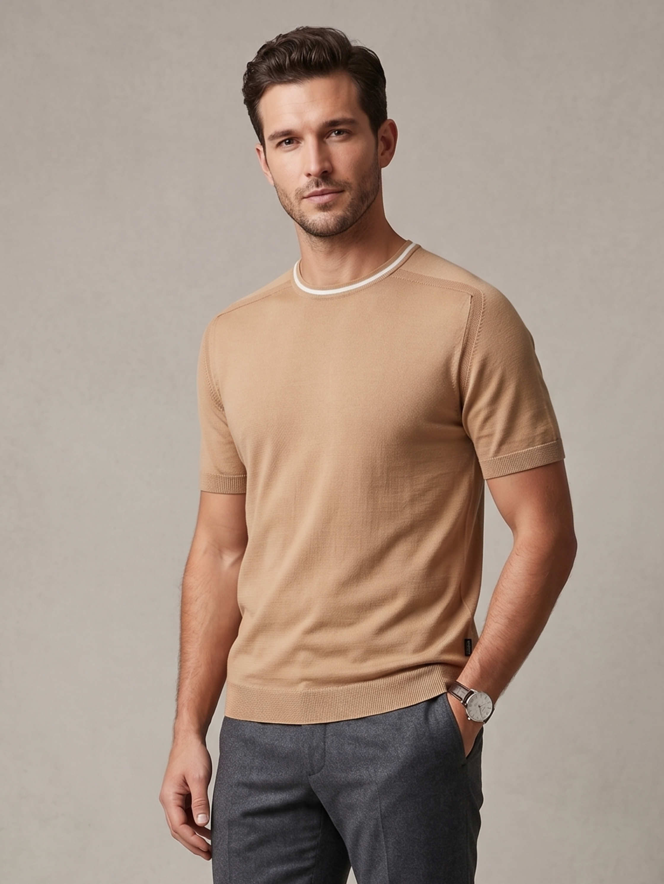 Beige T-Shirt With Striped Neckline