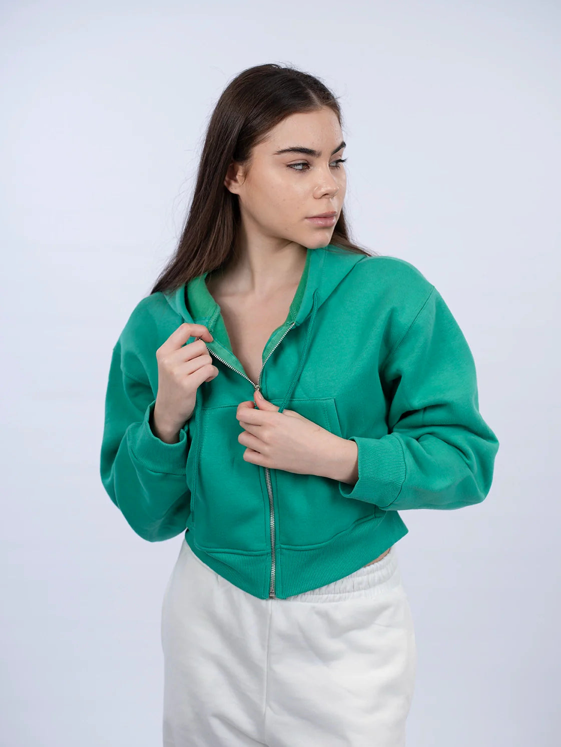 Zippered Green Crop Hoodie