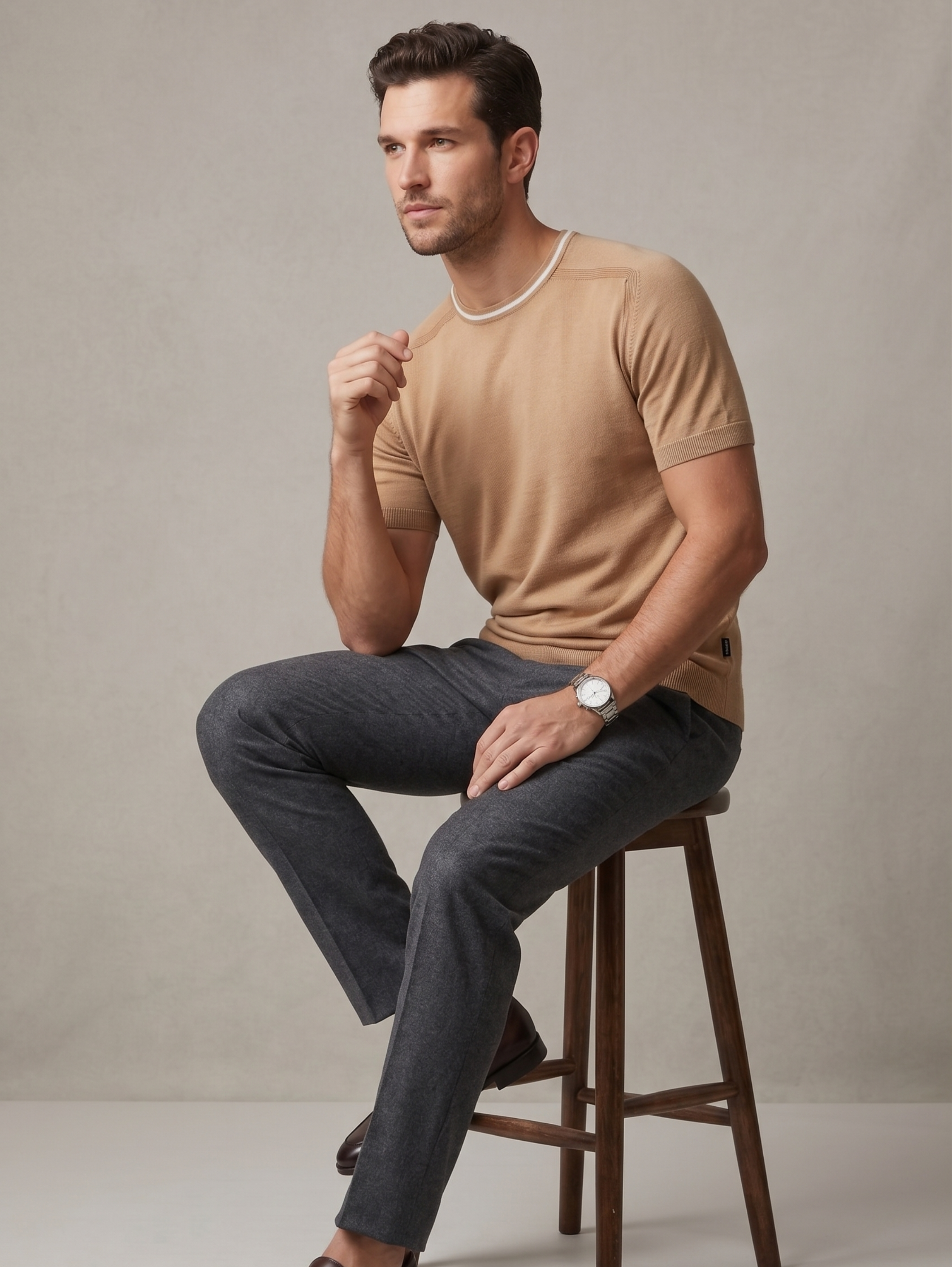 Beige T-Shirt With Striped Neckline