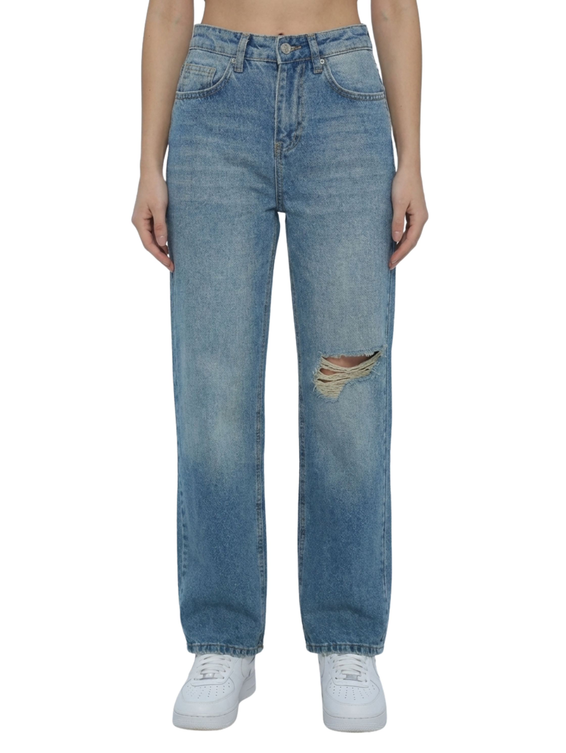 Blue High Waist Jeans With Knee Design
