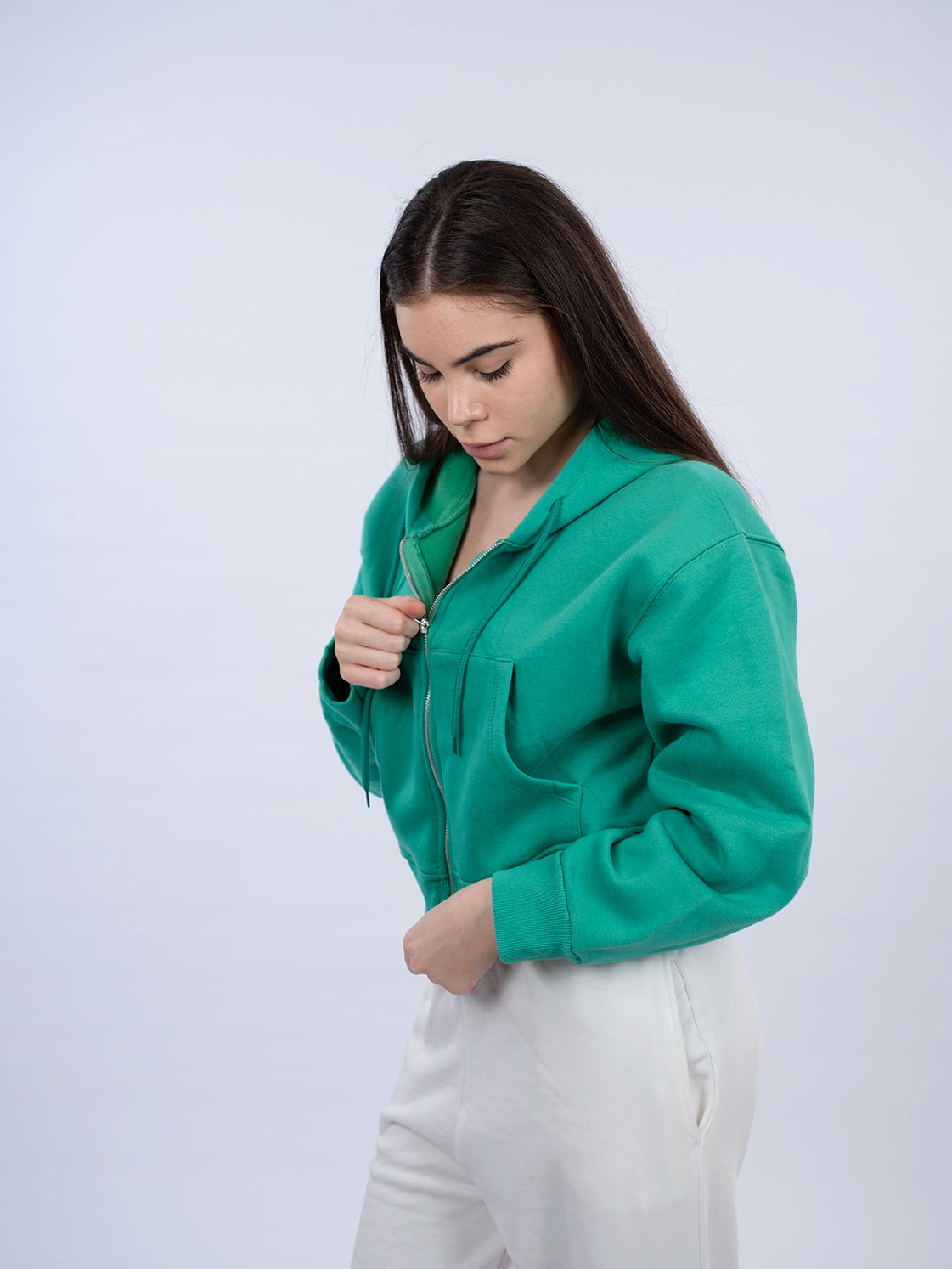 Zippered Green Crop Hoodie