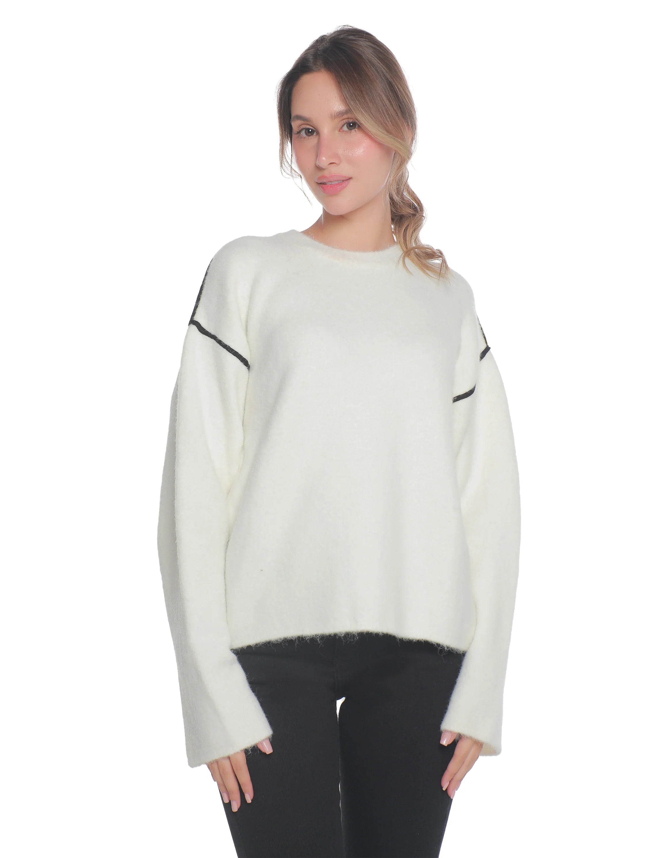 Round Neck White Pullover With Open Ended Sleeves