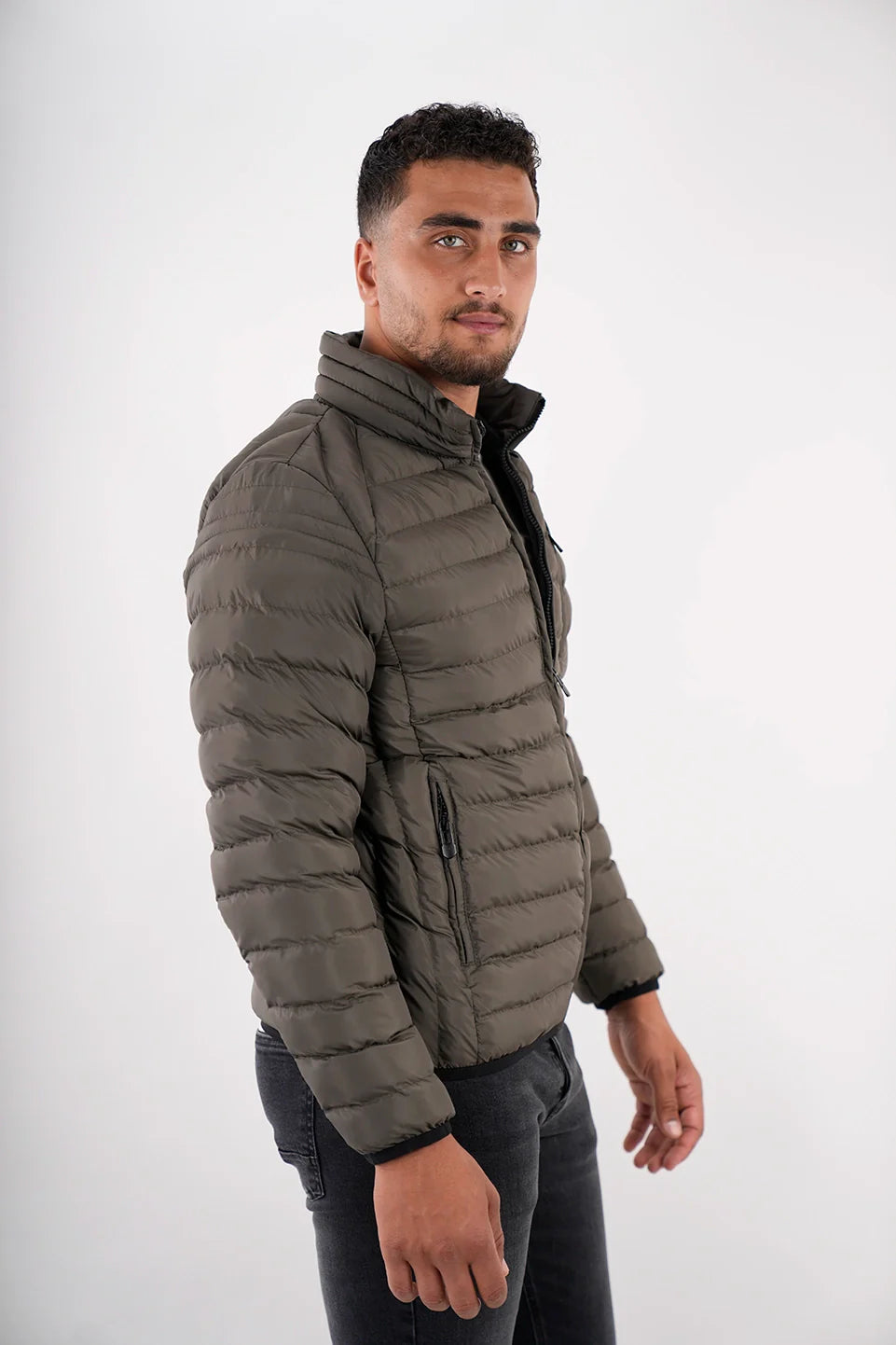 Khaki Puffer Jacket With Zipper Design