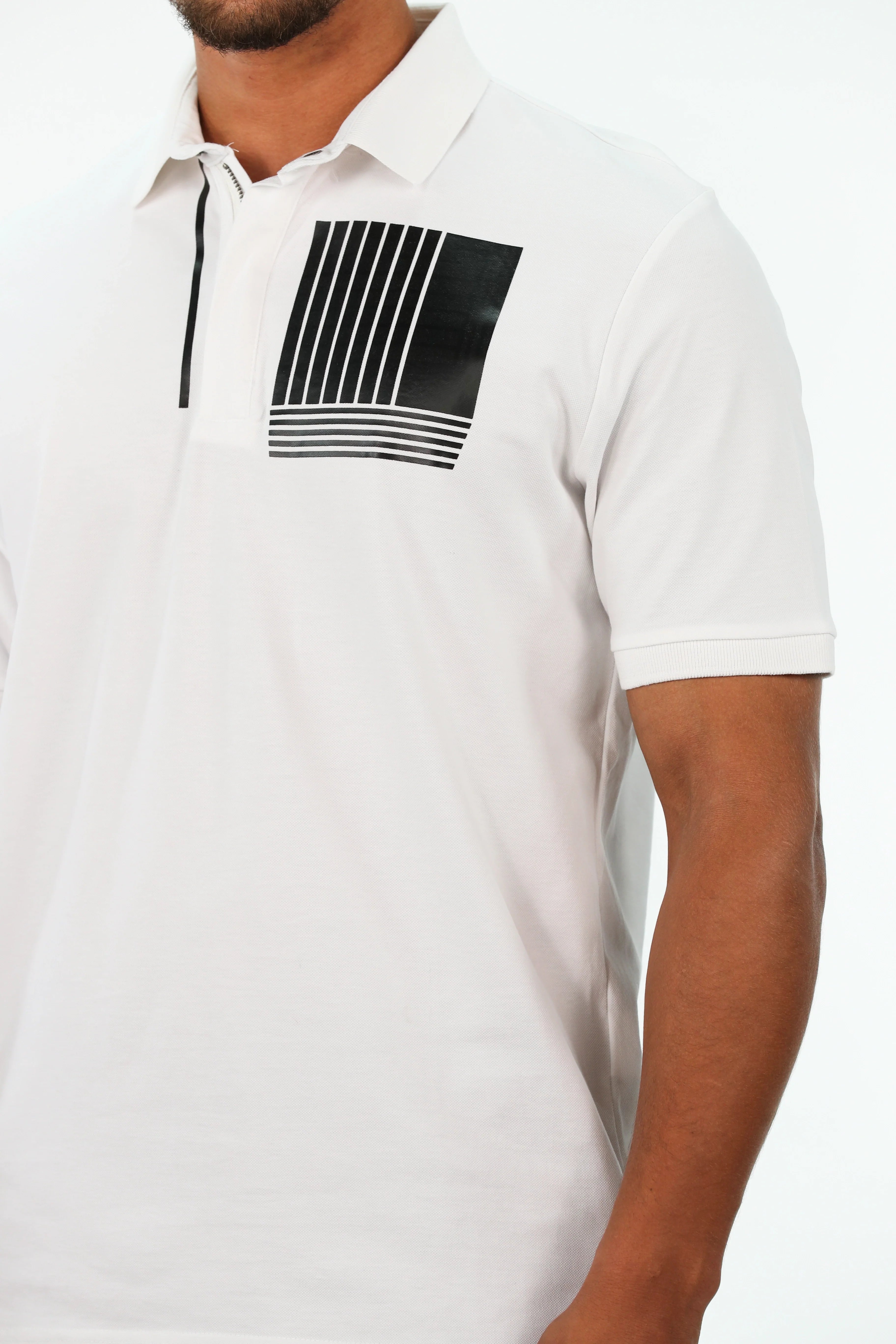 Short Sleeved White Polo With Half Zipper To Close