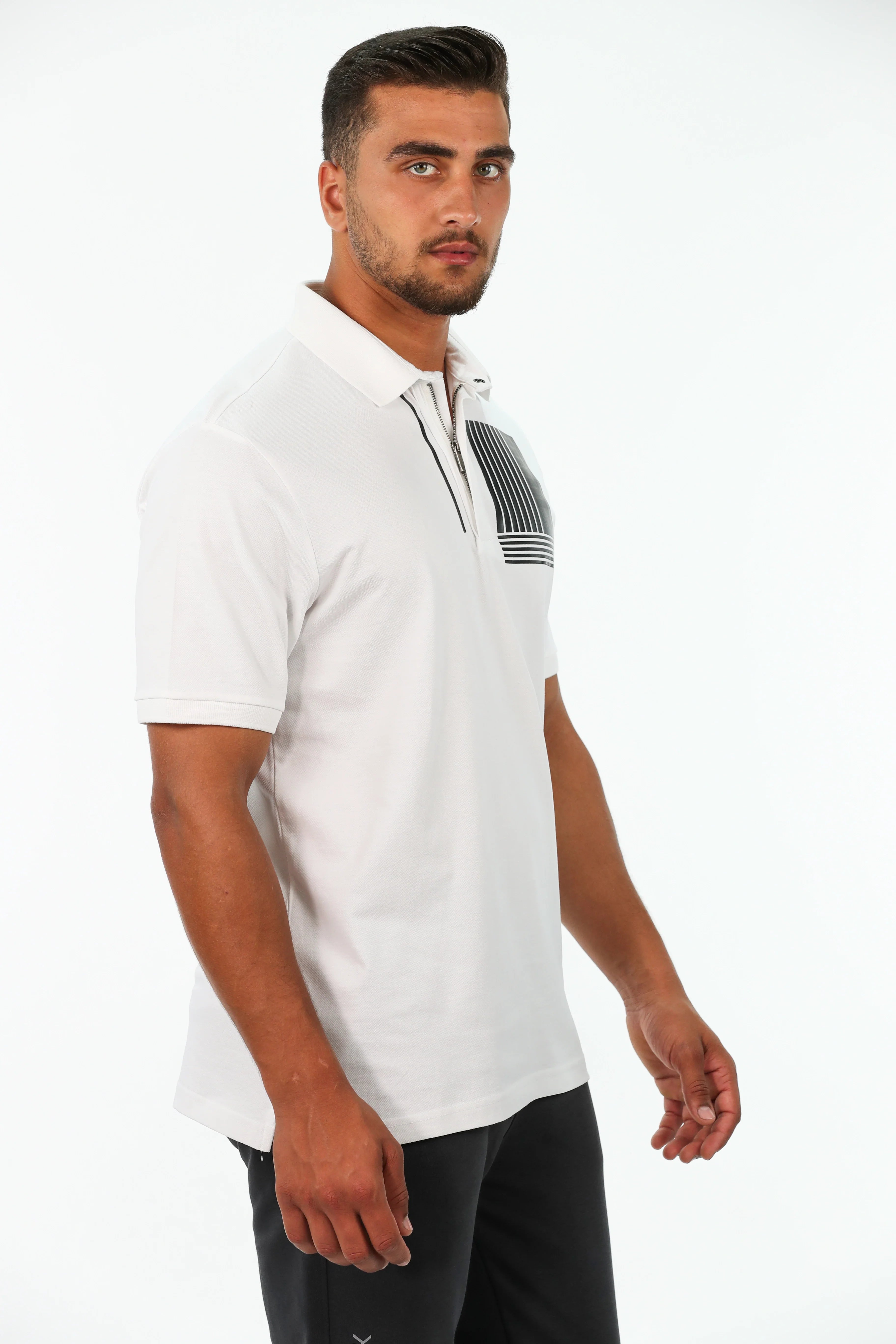 Short Sleeved White Polo With Half Zipper To Close