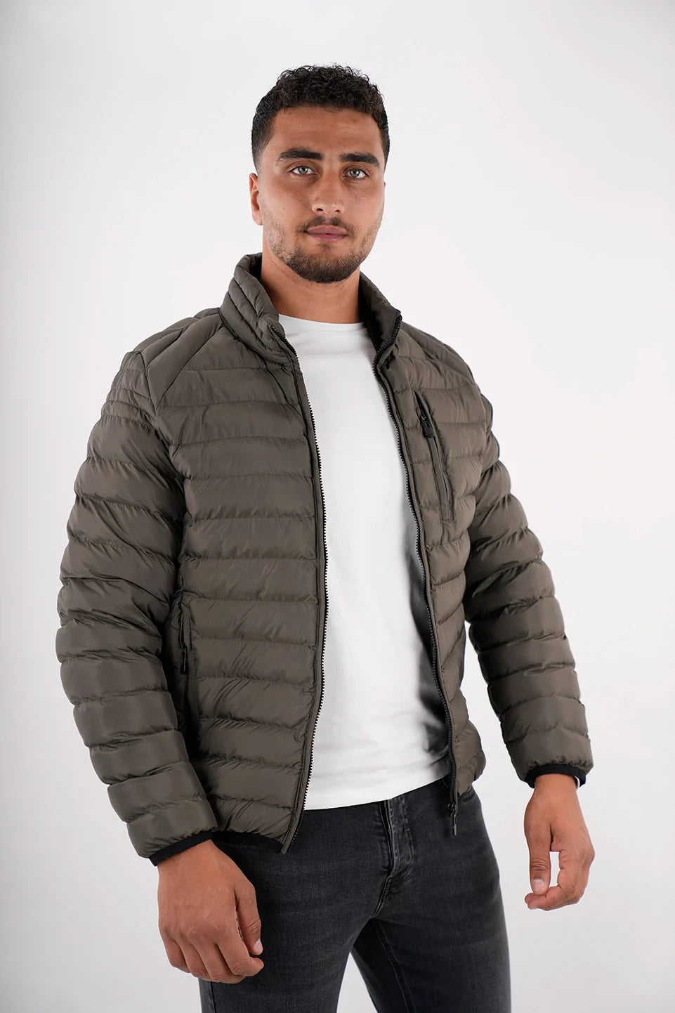 Khaki Puffer Jacket With Zipper Design