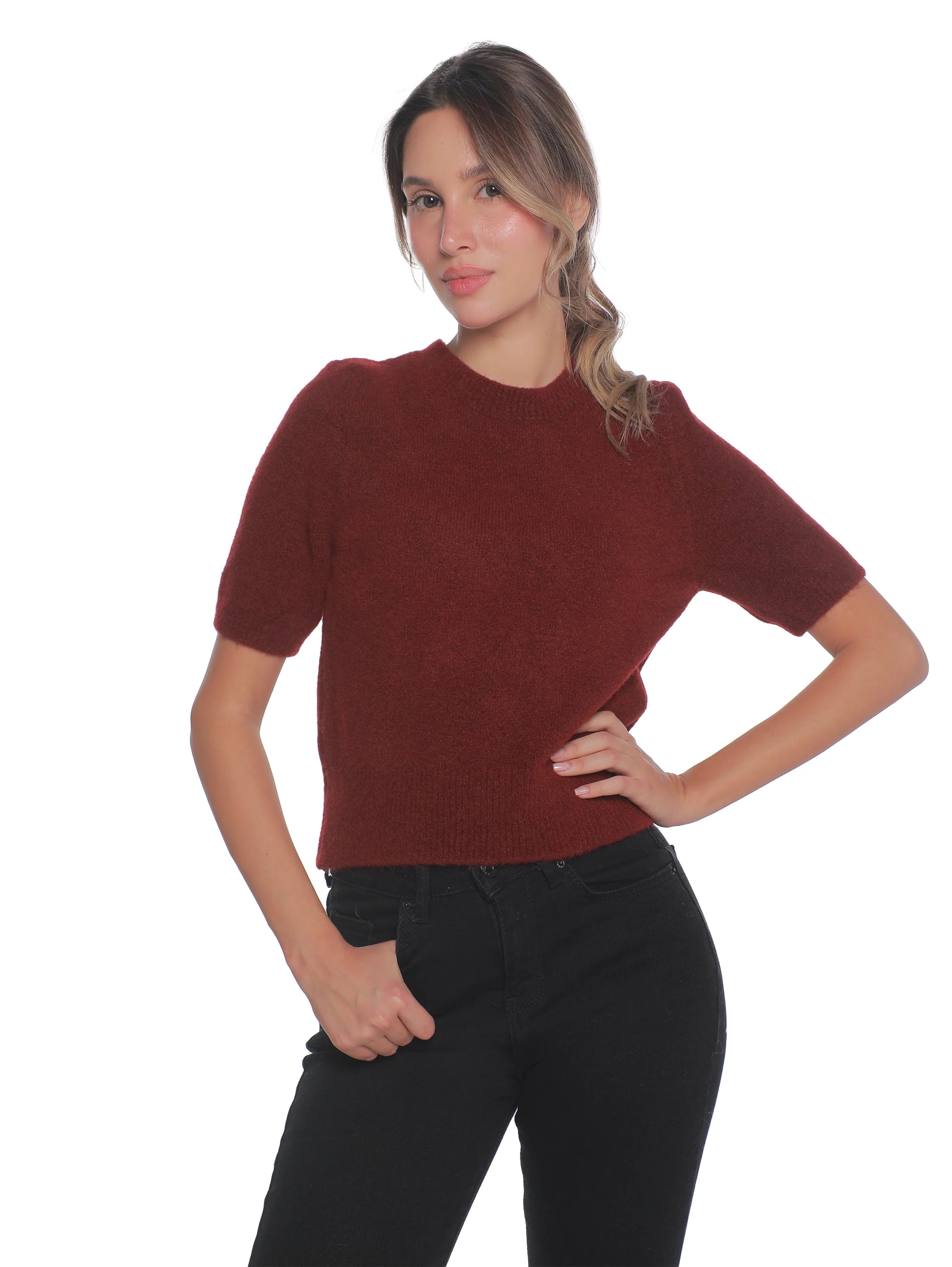 Short Sleeved Bordo Plain Warm Pullover